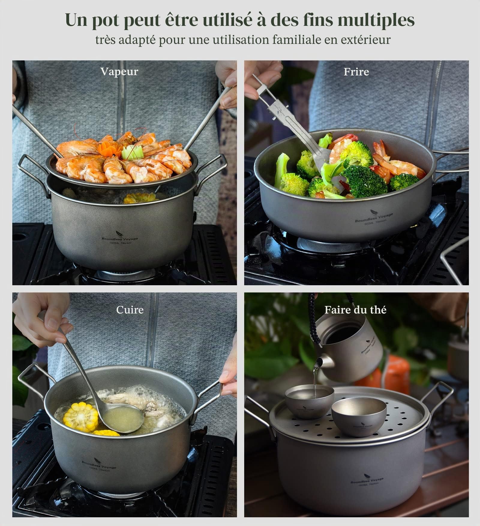 iBasingo Pot à soupe à vapeur en titane Poêle à frire avec couvercle Batterie de cuisine de camping 1900 ml et 900 ml Casserole de plateau de thé de wok d'intérieur extérieur Trousse de mess légère