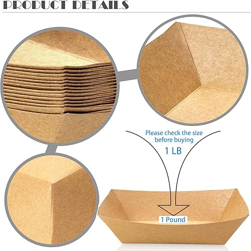 Miniatura 6 de MotBach Paquete de 150 bandejas para servir alimentos de 1 libra, papel kraft pequeño a prueba de aceite, desechable, reciclable, para llevar,