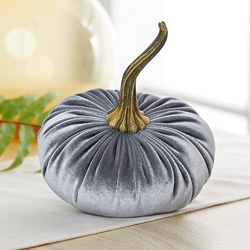 Miniatura 3 de Set of 3 Velvet 6.25 Inch Pumpkins, Holiday Mantle Decor, Fall Halloween Thanksgiving, Rustic Fall Wedding Centerpiece Decor, Gift for Her (Gray,