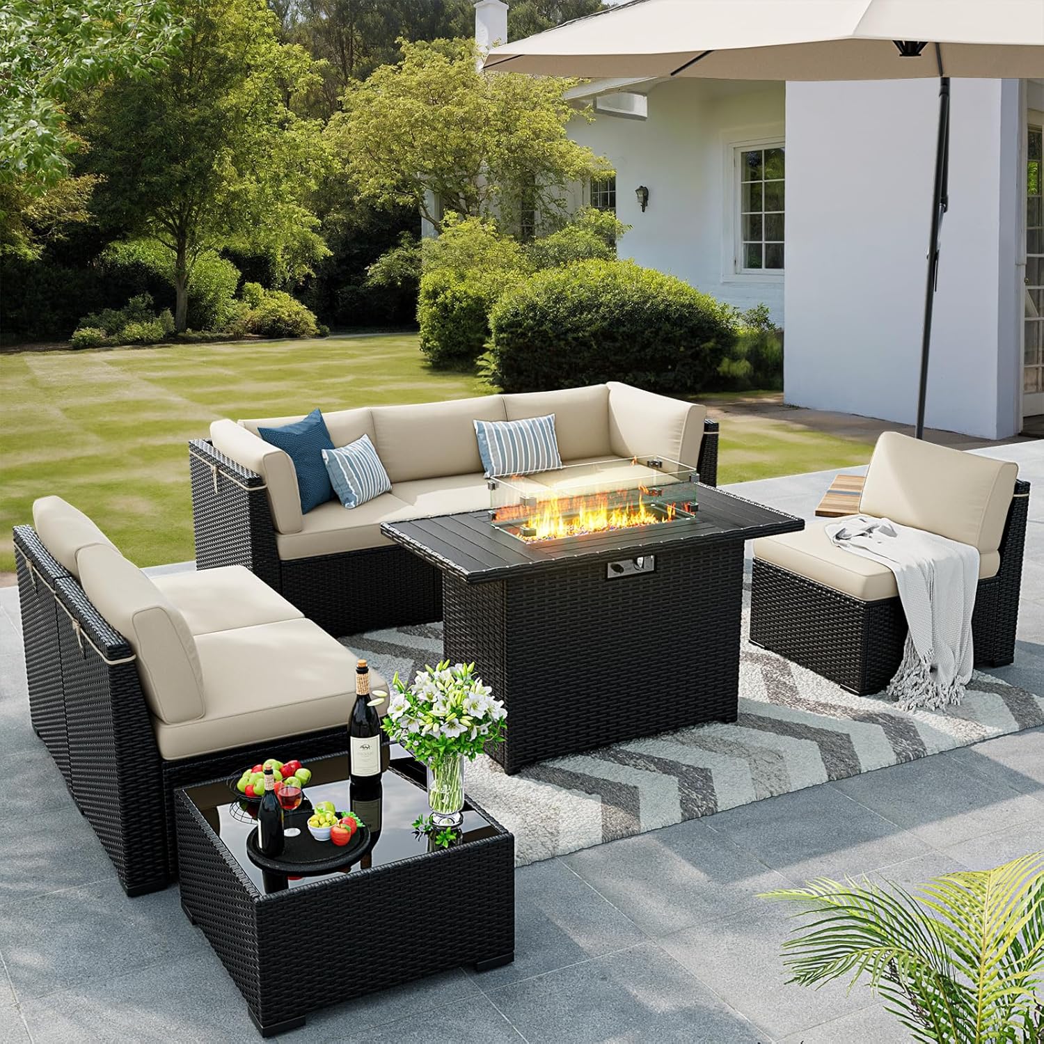 8 Pieces Outdoor Patio Furniture Set with 44" Fire Pit Table Black Rattan Sectional Conversation Sets w/Gas Fire Pit, Coffee Table, 2 Waterproof Covers, Khaki