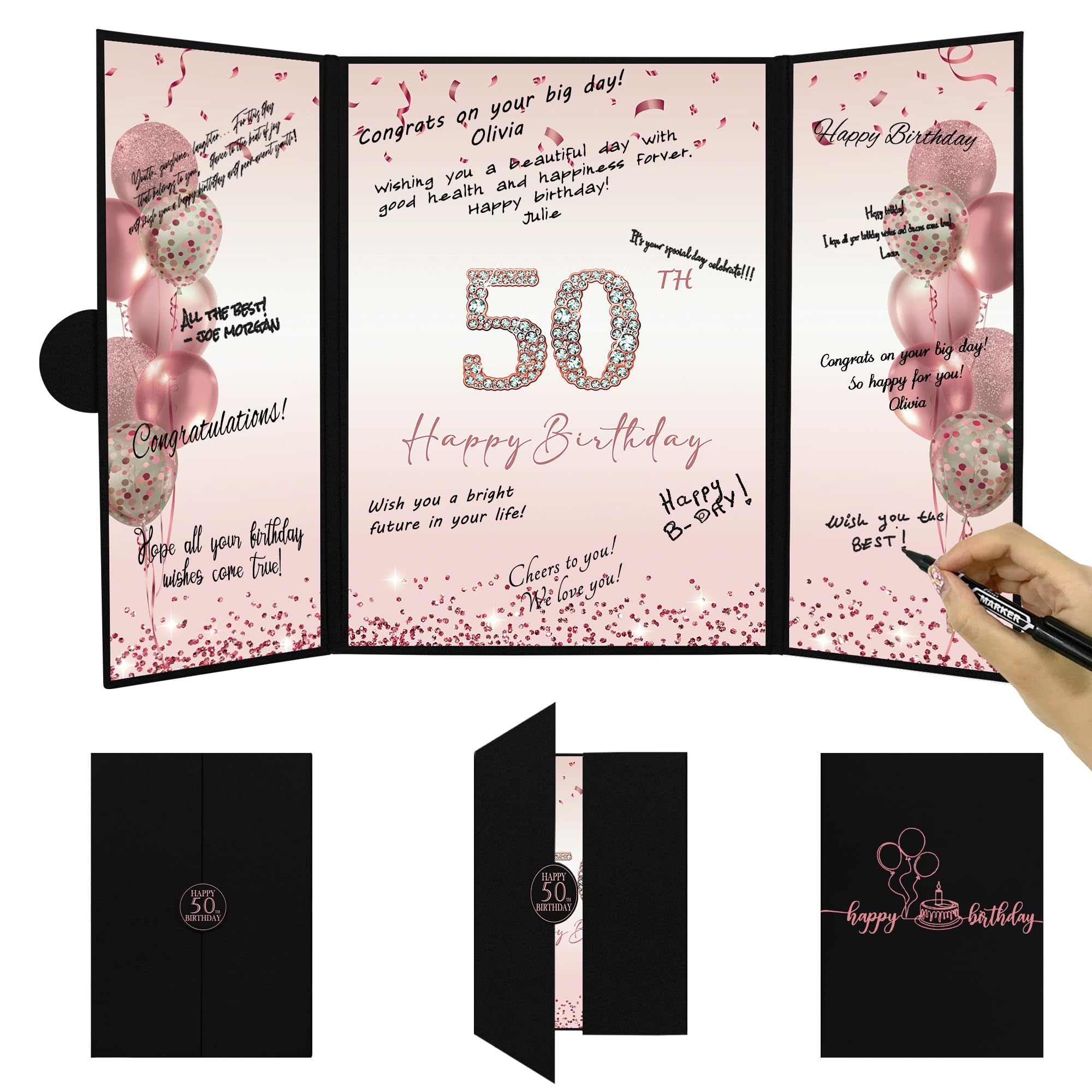 DARUNAXY Black &amp; Rose Gold 50th Birthday Alternative Signature Guest Book