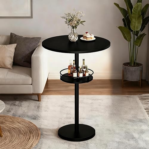 Bar Table with LED Light, Round Bar Table, High-top Table with Metal Frame, Pub Cocktail Table, Large Base for Living Room, Kitchen, Bar, Black BT15UDBB