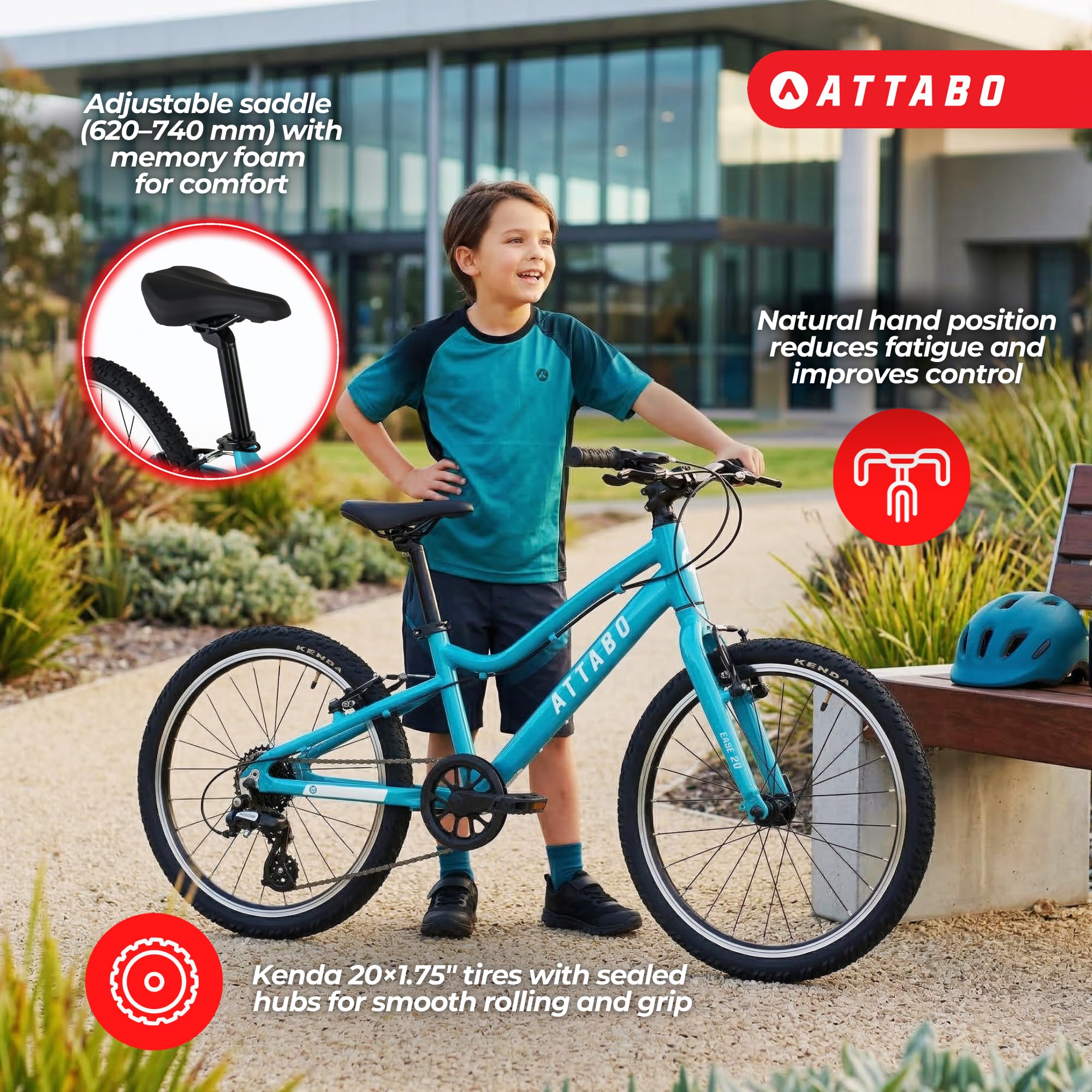 ATTABO Bicicletta per Bambini EASE 20" Leggera Resistente Gradino Basso Manubrio BMX Ergonomico Deragliatore