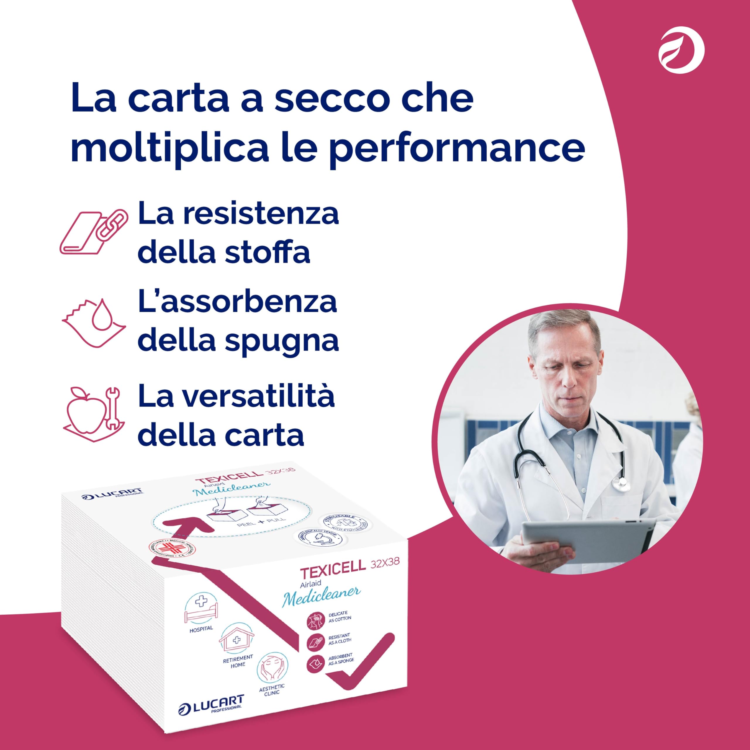 Lucart Professional, Texicell Medicleaner 32x38, Panni Multiuso Piegati in Airlaid, 50 g/mq, Ideali per Settore Medico, 60 pezzi 32x38 cm, 20 confezioni