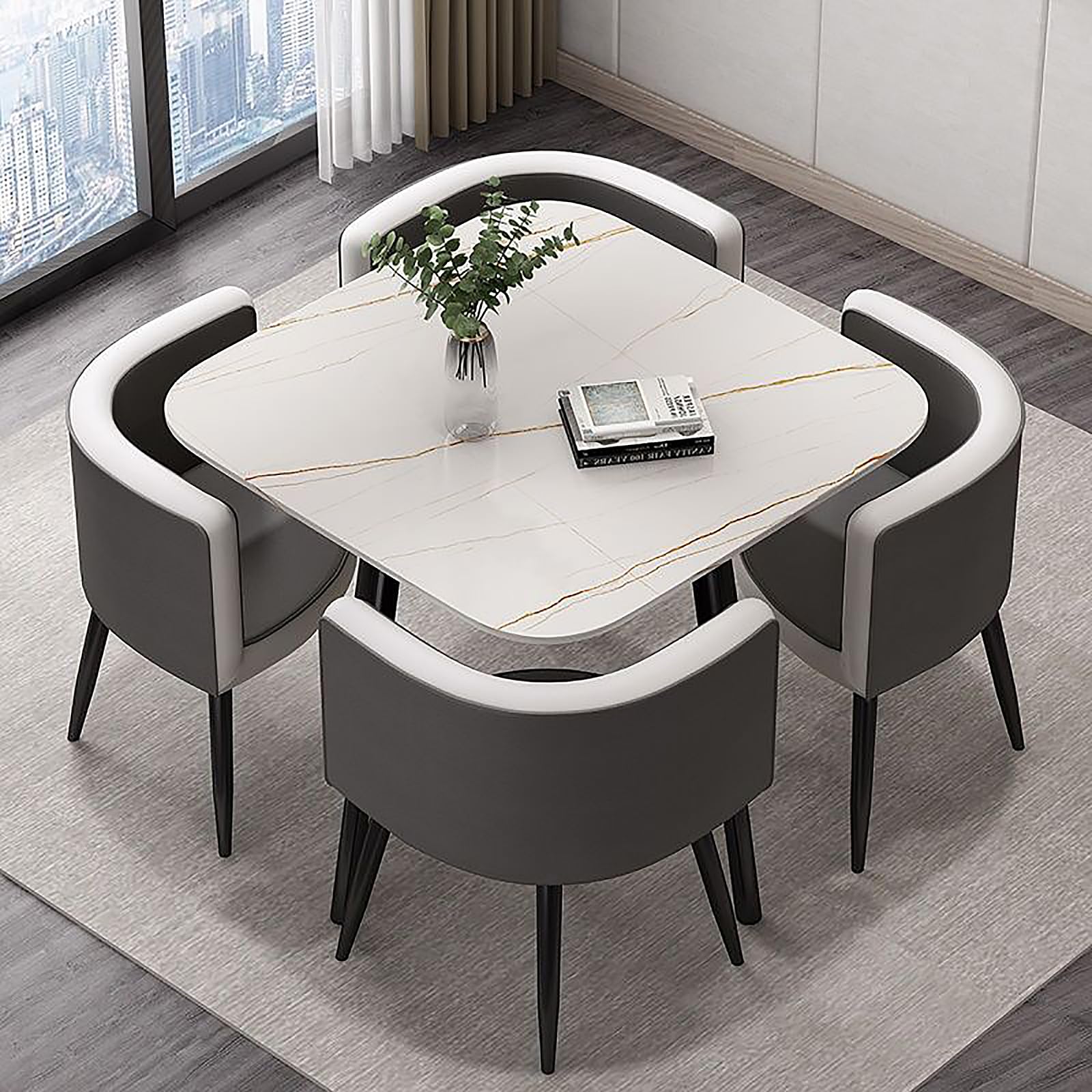 OLSKFUH Modern Round Dining Table Set With 4 Chairs For Business Meetings And Office Conference Small Round Coffee Table And Chair Combination Pu 6,Pu-1-80 * 80 * 73cm