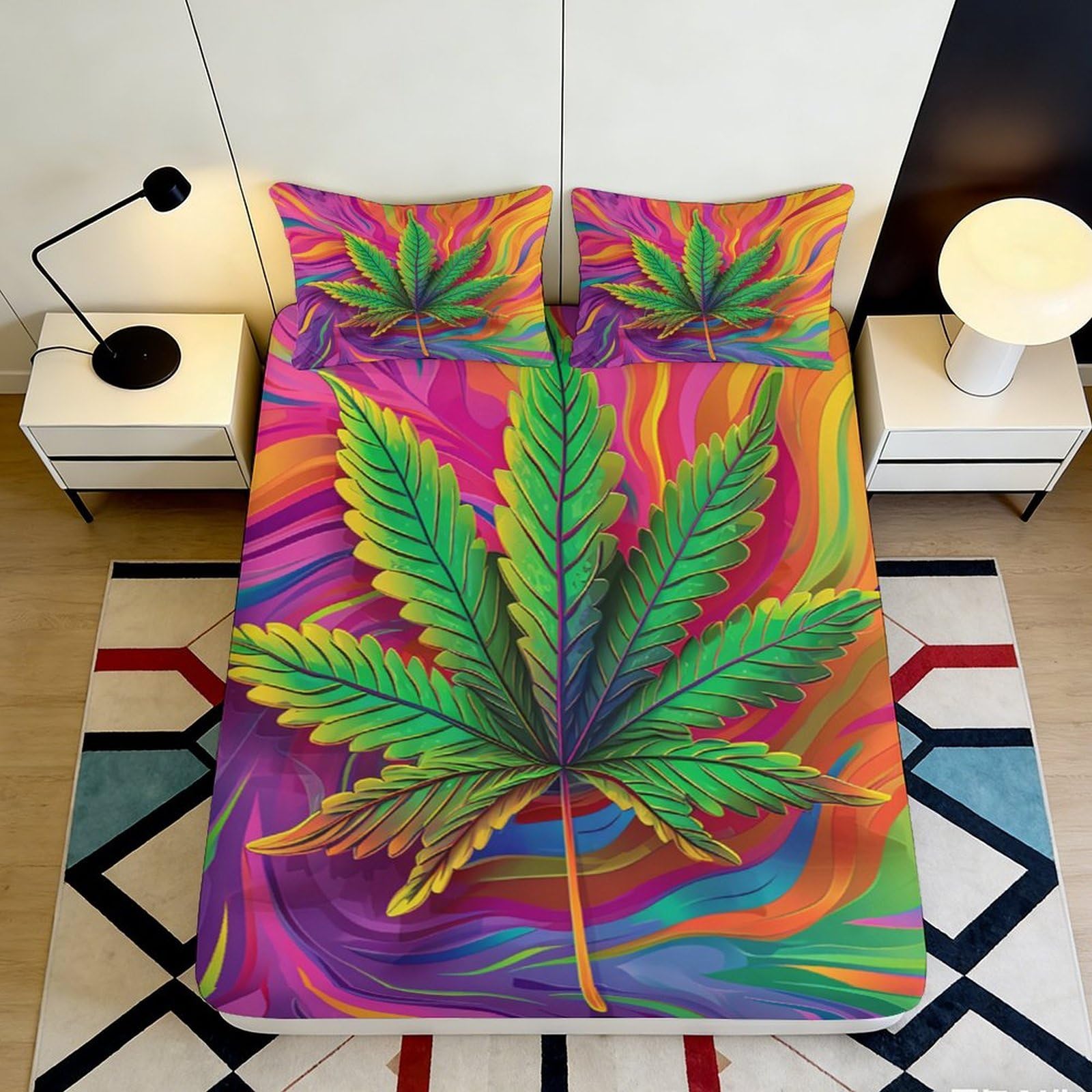 Jqzkxnhpbr Style-2 3D Printed Colorful Cannabis Leaf Fitted Sheet Microfiber Soft Bed Cover Anti-Slip Washable Bedroom Decor 90X200x25cm