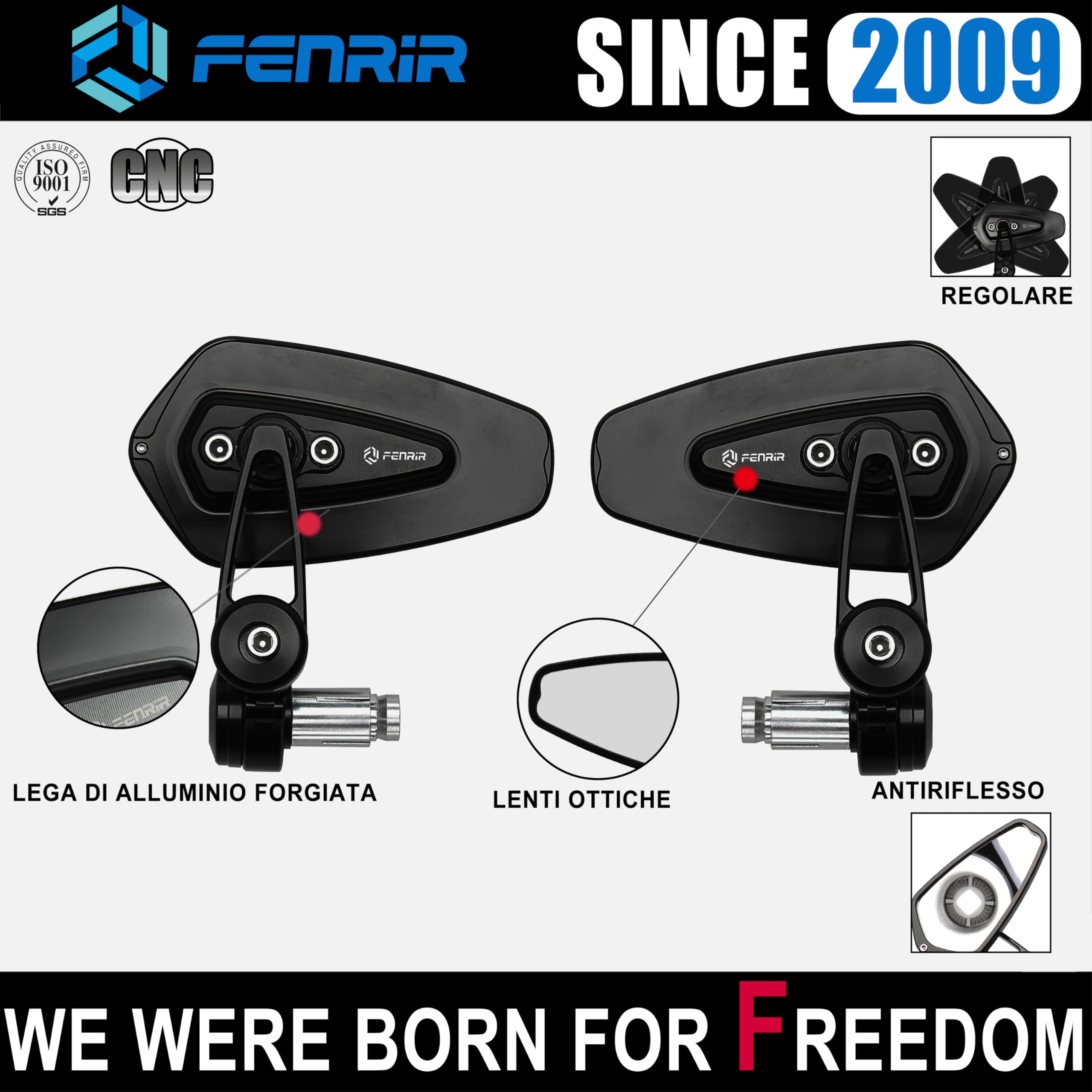 FENRIR (Nessuna Omologati)Specchietti Retrovisore Manubrio Moto End Bar Specchi CNC Lega di alluminio forgiata Antiriflesso Antivibrazione Lenti Con Curvatura Strada Sportiva Turismo Scooter 801-0374
