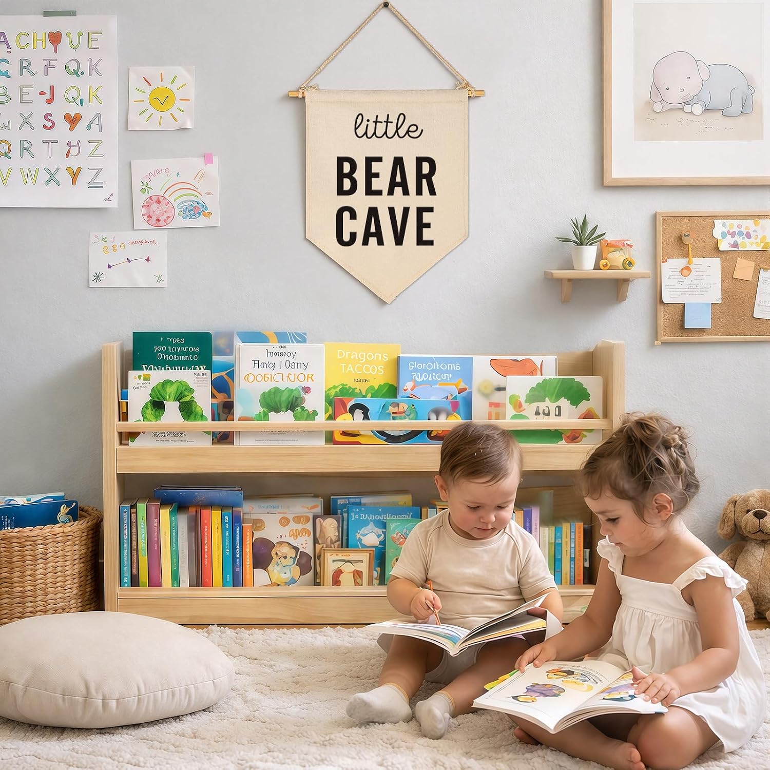 Bear Canvas Banner Flag Sign Pennant Wall Decor Gift for Baby Kid Nursery Bedroom Playroom Reading Room-Baby,Shower,Birthday Christmas Gift-Little Bear Cave-15.4"x11"