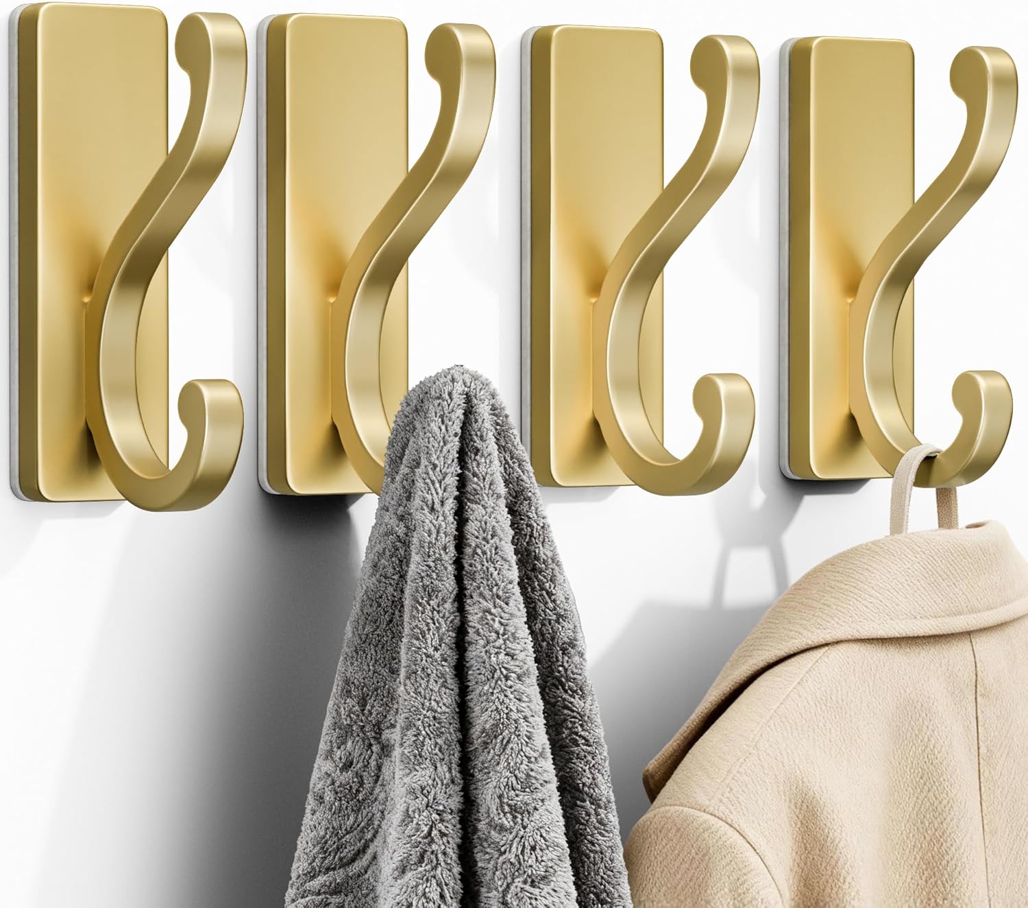 4 Pack Self Adhesive Coat Hooks - Gold Sticky Hangers Wall Mount, Holds 13Lbs for Clothes, Towel, Robes, Keys, Double Hooks for Bathroom, Bedroom and Door.