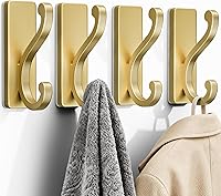 Vista 1 de 4 Pack Self Adhesive Coat Hooks - Gold Sticky Hangers Wall Mount, Holds 13Lbs for Clothes, Towel, Robes, Keys, Double Hooks for Bathroom, Bedroom