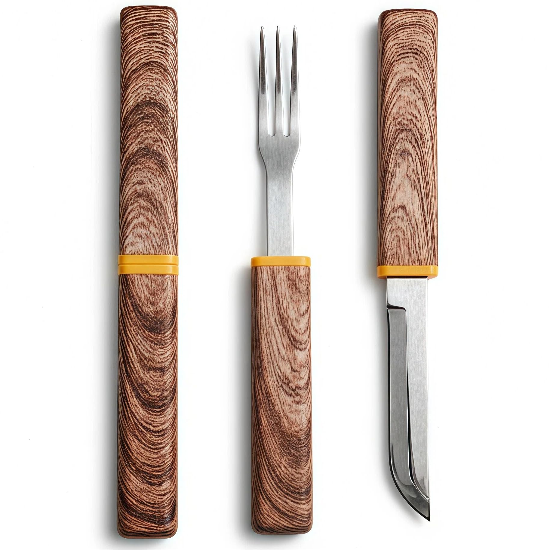 2-in-1 Interlocking Travel Utensils Set, Fork and Knife, 420 Stainless Steel with Wood-Grain ABS Handle, Silent Carry, Portable for Lunch Box, Office, Camping (1)