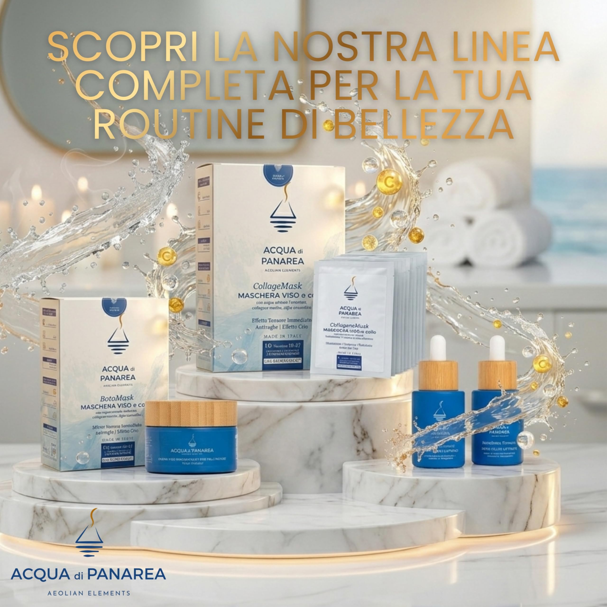 Acqua di Panarea CollageneMask Maschera Viso e Collo con Collagene Marino, Vitamina C, Acido Ialuronico e Acqua Termale Vulcanica, Idratante e Illuminante, Made in Italy