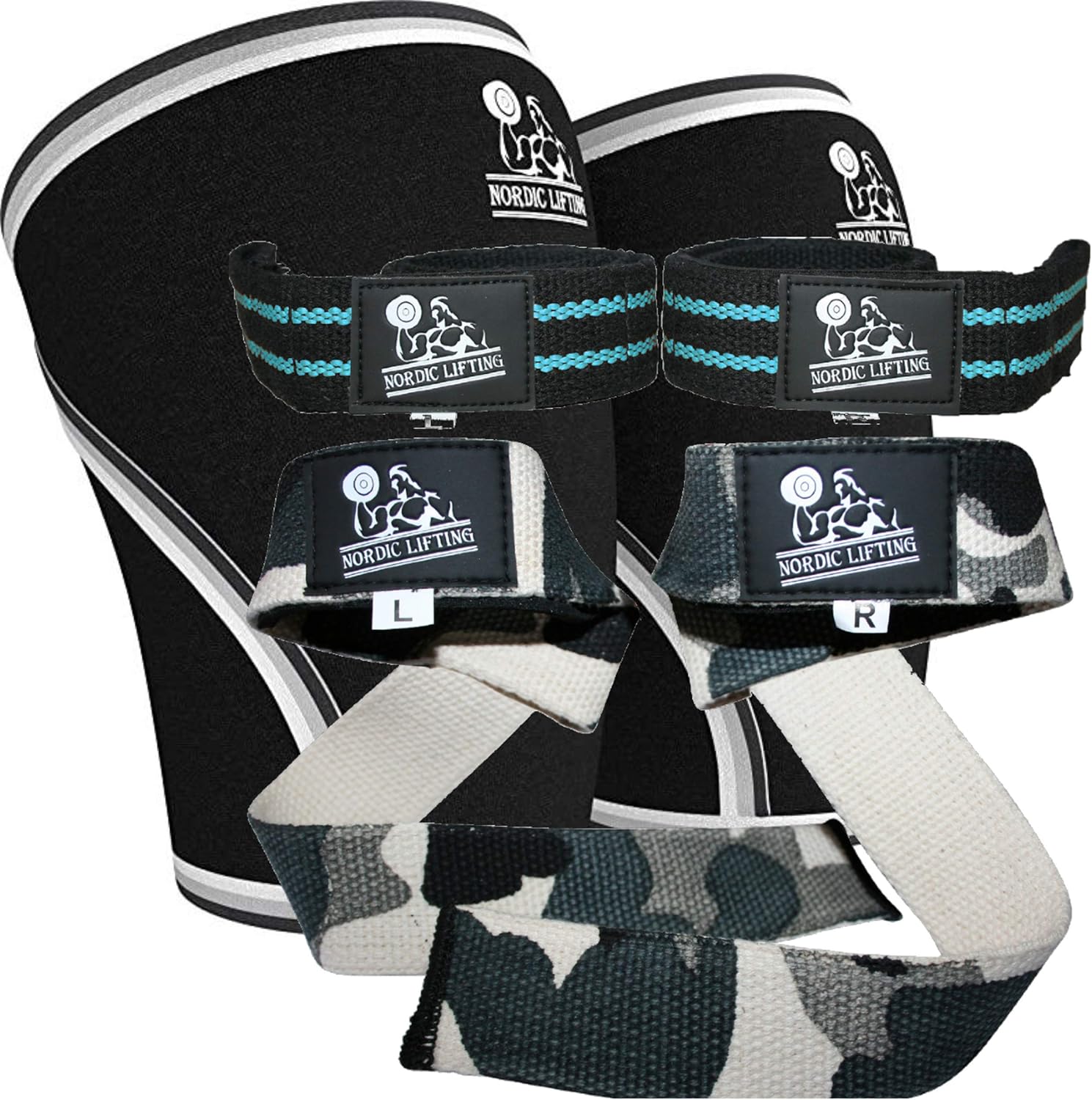 Nordic Lifting Knee Sleeves (1 Pair) Large, Black and Lifting Straps (2 Pairs/4