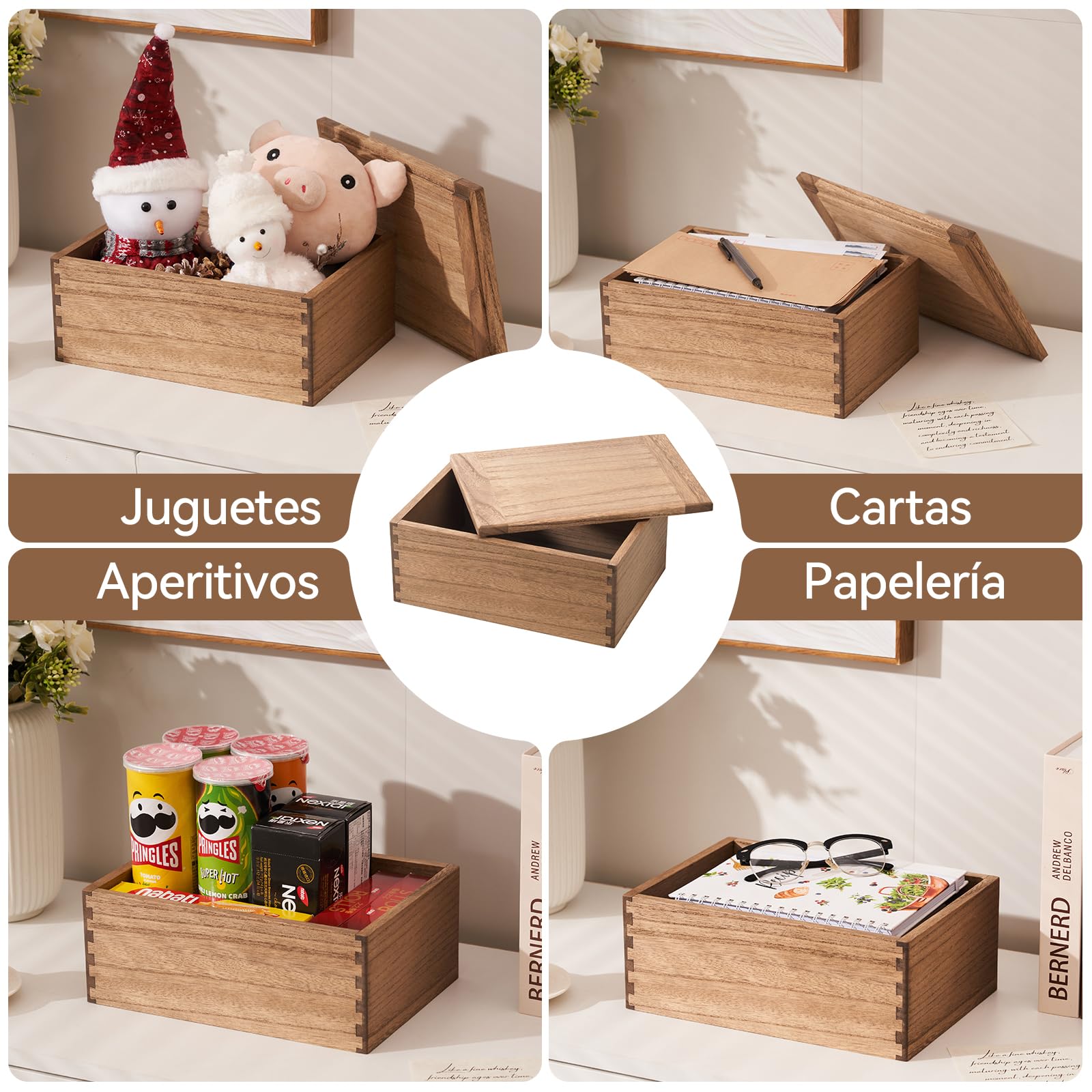 KIRIGEN Caja de Madera con Tapa, Caja de Almacenamiento, Marrón oscuro | Tapa plana extraíble; paulownia maciza; montada; uniones de espiga y mortaja; aceite vegetal; 28 × 20 × 12 cm