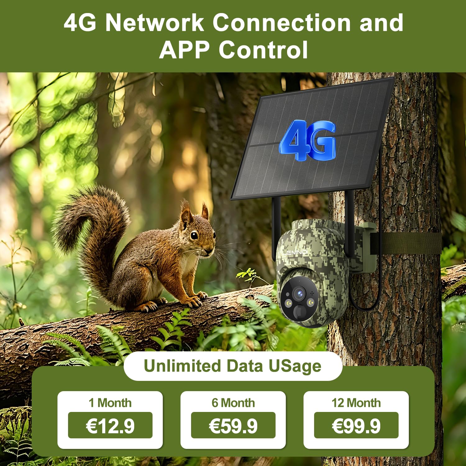 LEMNOI Fototrappola 4G con SIM Inclusa, 2K Fotocamera da Caccia, Telecamera Solare PTZ da Esterno, Visione Notturna a Colori, IP66 Impermeabile, Senza WiFi, per Caccia/Fattoria/Giardino