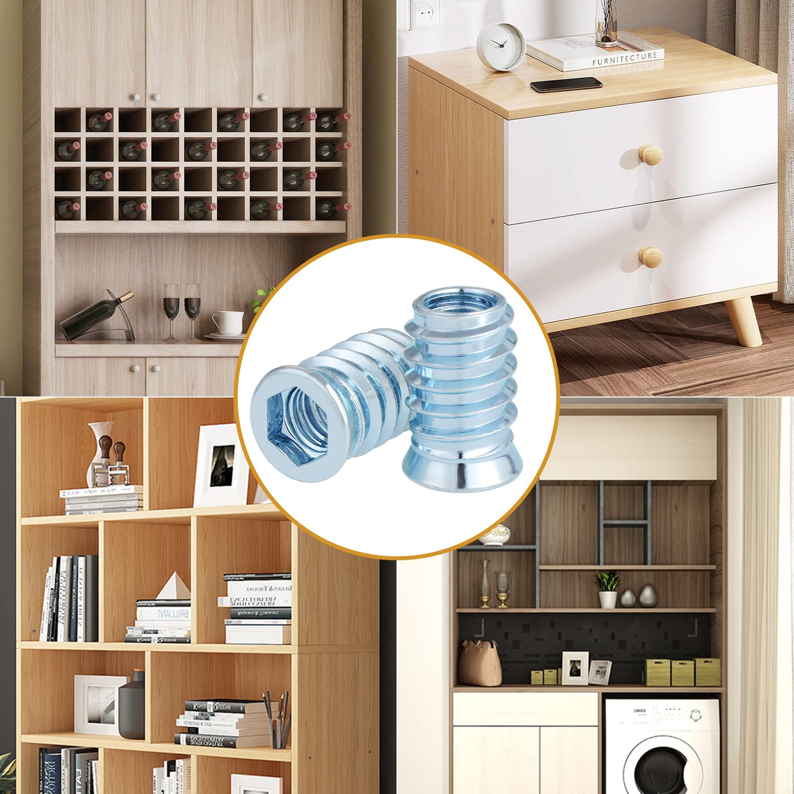 Gueenky 210 Pièces Insert Fileté Bois, M6 M8 M10 Manchon à Visser Insert Bois Acier au Carbone Galvanisé, 8 Tailles Insert Fileté Nuts pour Meubles en Bois, avec Clé