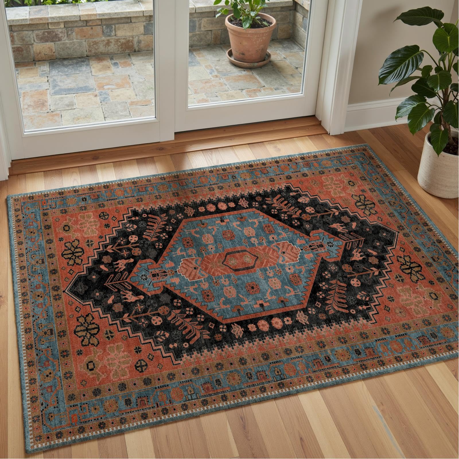 Decoranddecor Tappeto tradizionale per camera da letto, 160 x 230 cm, lavabile, a pelo basso, adatto agli animali domestici, motivo orientale, per soggiorno, facile da pulire, resistente, Lunora