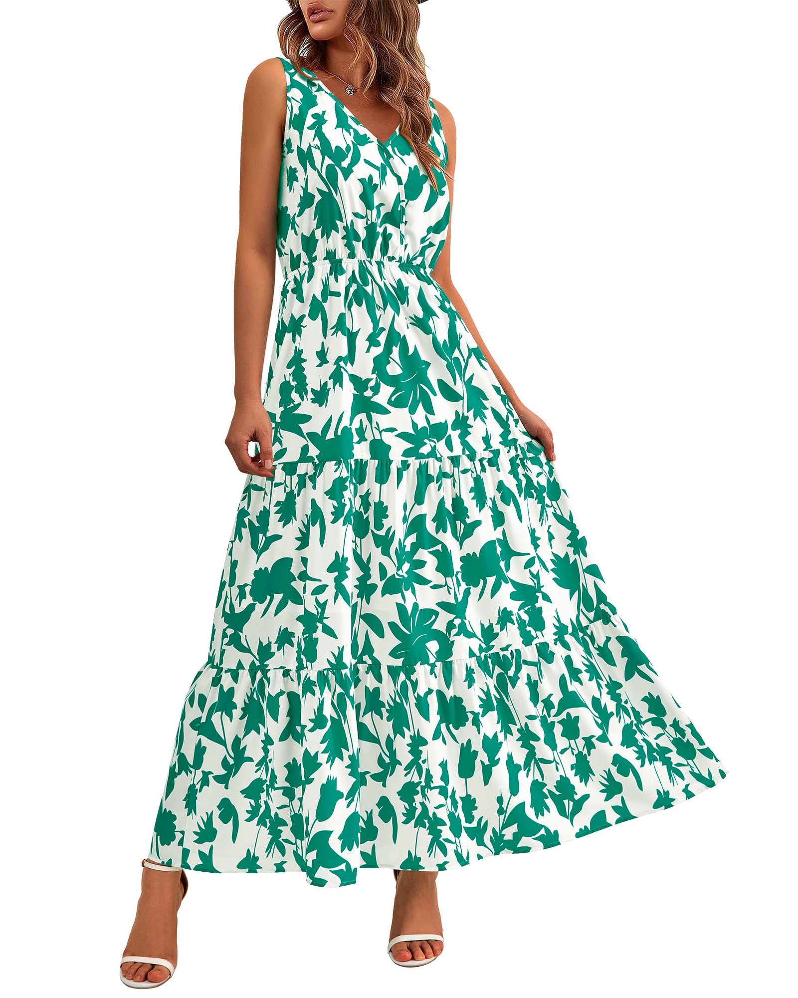 Photo 1 of BTFBM Women Summer Dresses Casual Sleeveless Maxi Dresses Cute Floral Long Dress Wedding Guest Dress(Beige Green Flower,X-Large)
