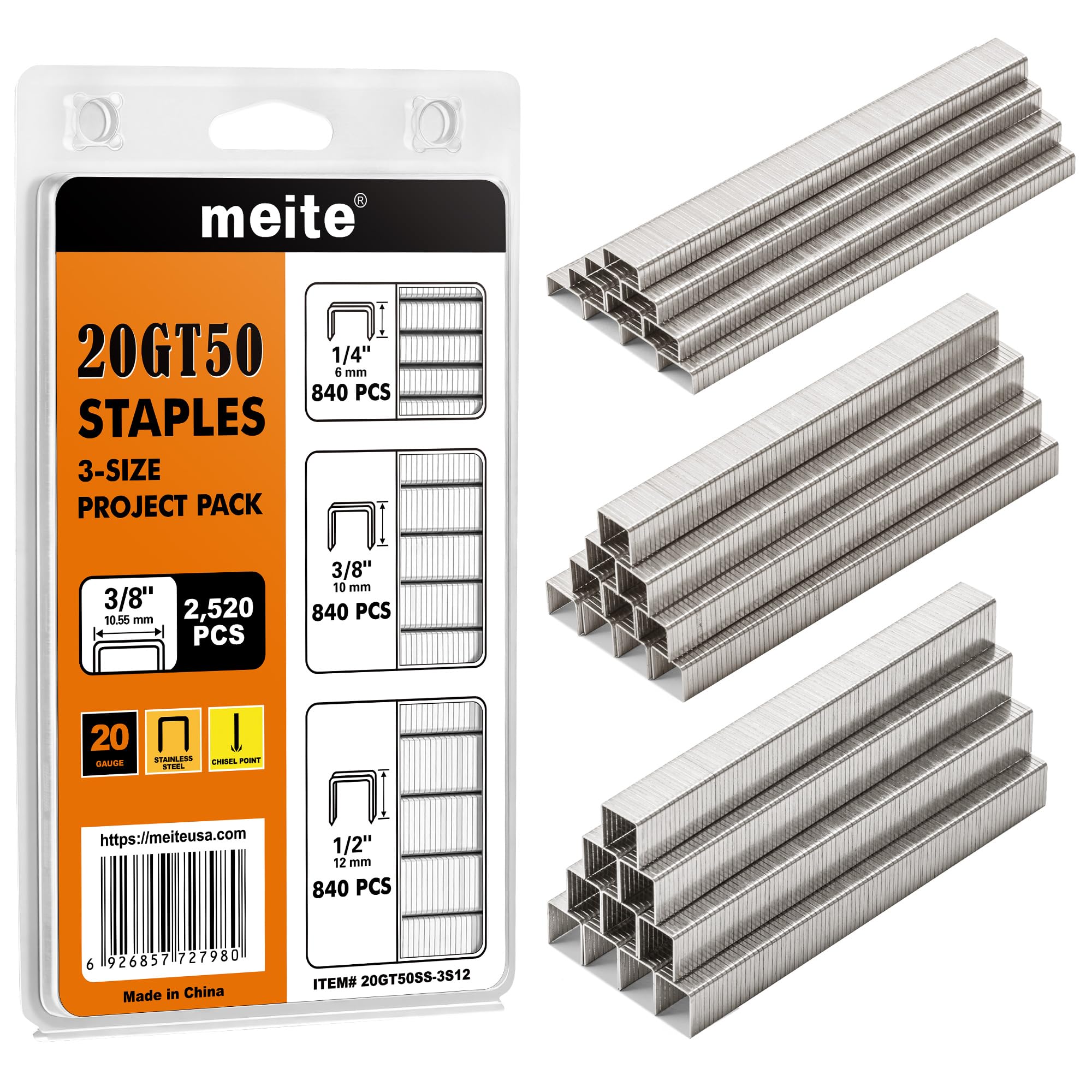 meite Graffette T-50 in acciaio inox, 3 misure assortite (1/4", 3/8", 1/2") per graffatrice, acciaio inossidabile 304, corona da 3/8", compatibile con pistola T-50 (2.520 pezzi)