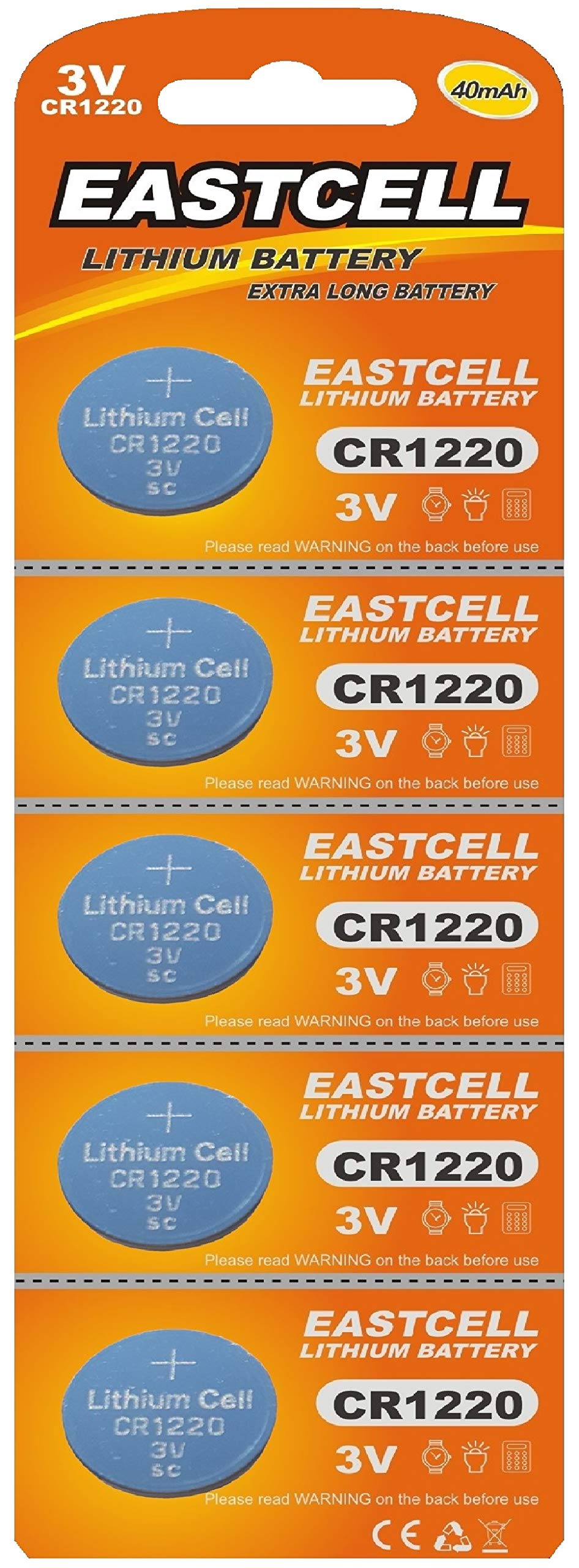 Eunicell CR1220 Lithium Knopfzellen – 3V, 40 MAh – 10 Stück (2x5 Blister) – Für Autoschlüssel, Uhren, Elektronik
