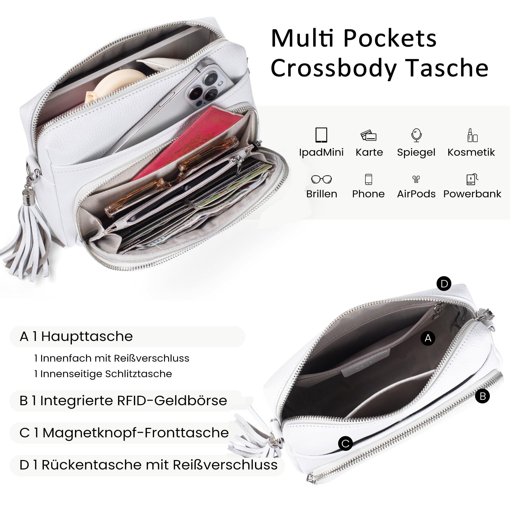 befen Echtleder Handtasche Damen Klein RFID-Blockierung Umhängetasche Leder | Crossbody Bag Leder Schultertasche Damen mit Integrierter Brieftasche, Handytasche zum Umhängen