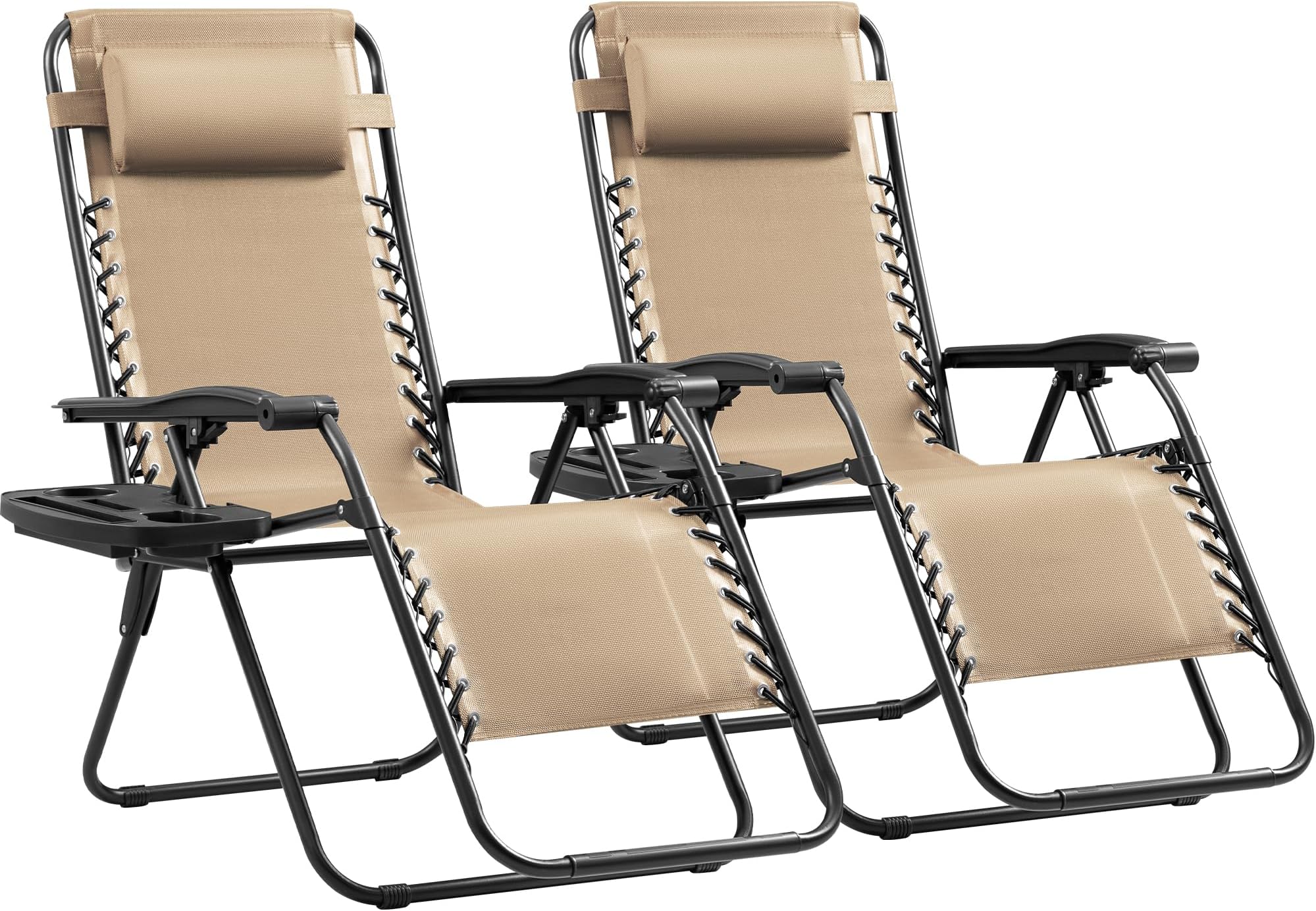 Devoko Set of 2 Zero Gravity Lounge Chairs, Outdoor Folding Adjustable Steel Mesh Recliner Chairs with Cup Holder & Removable Pillow for Patio Garden Lawn Beach (Beige)