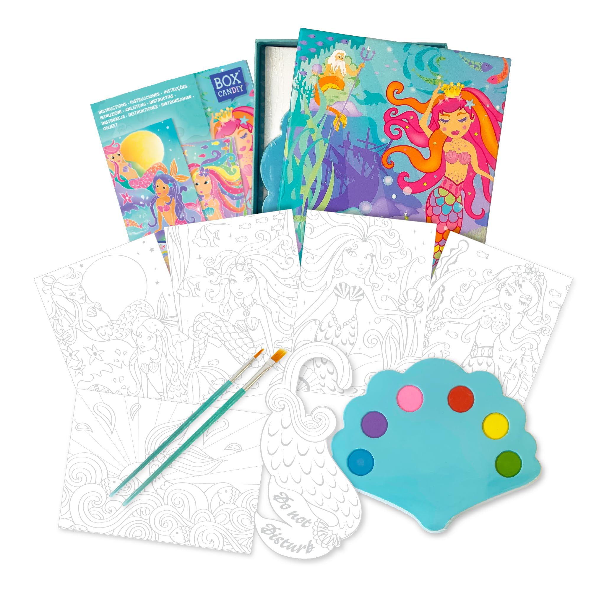 BOX CANDIY Mermaid Watercolour Art Set for Kids I Paint Kit with 5 Art Cards, Door Hanger, Brushes, Seashell Palette & Storage Box I Creative Painting Activity.