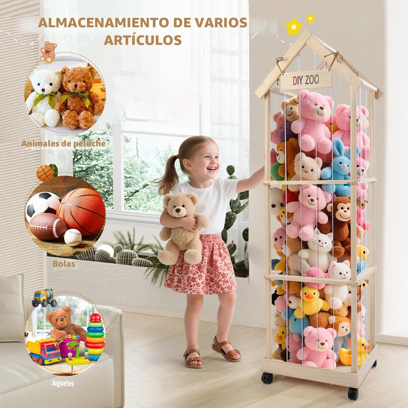 Caja de Almacenamiento para Peluches, 146 47x35CM de Madera Maciza con Ruedas Giratorias Bloqueables de 360°, Ideal para Habitaciones de Bebés, Salas de Estar