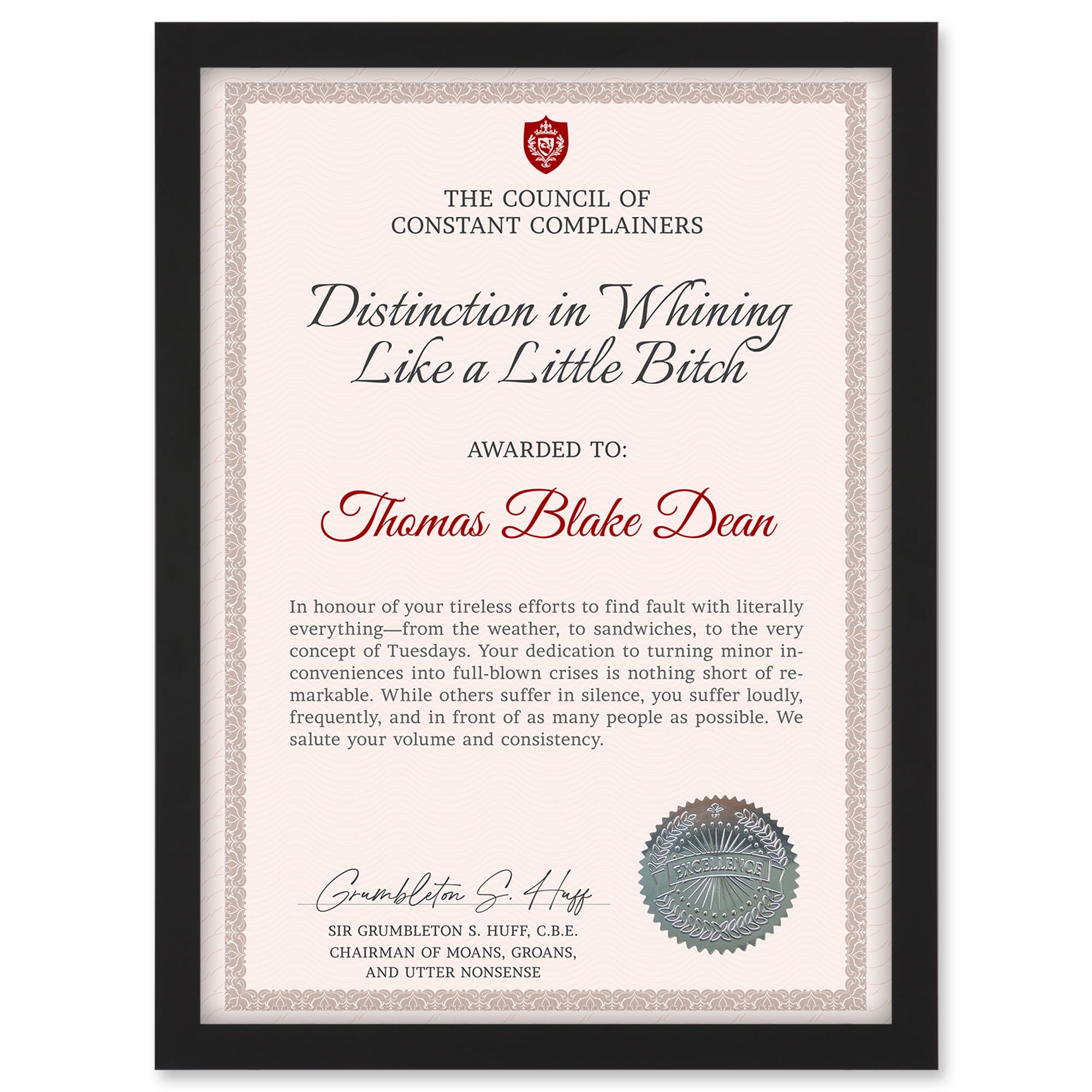 Artery8 Personalised Fun Fake Certificate Award with Distinction in Whining Funny Gag Roast Fun Joke Complainer A4 Black Framed Diploma Novelty Award