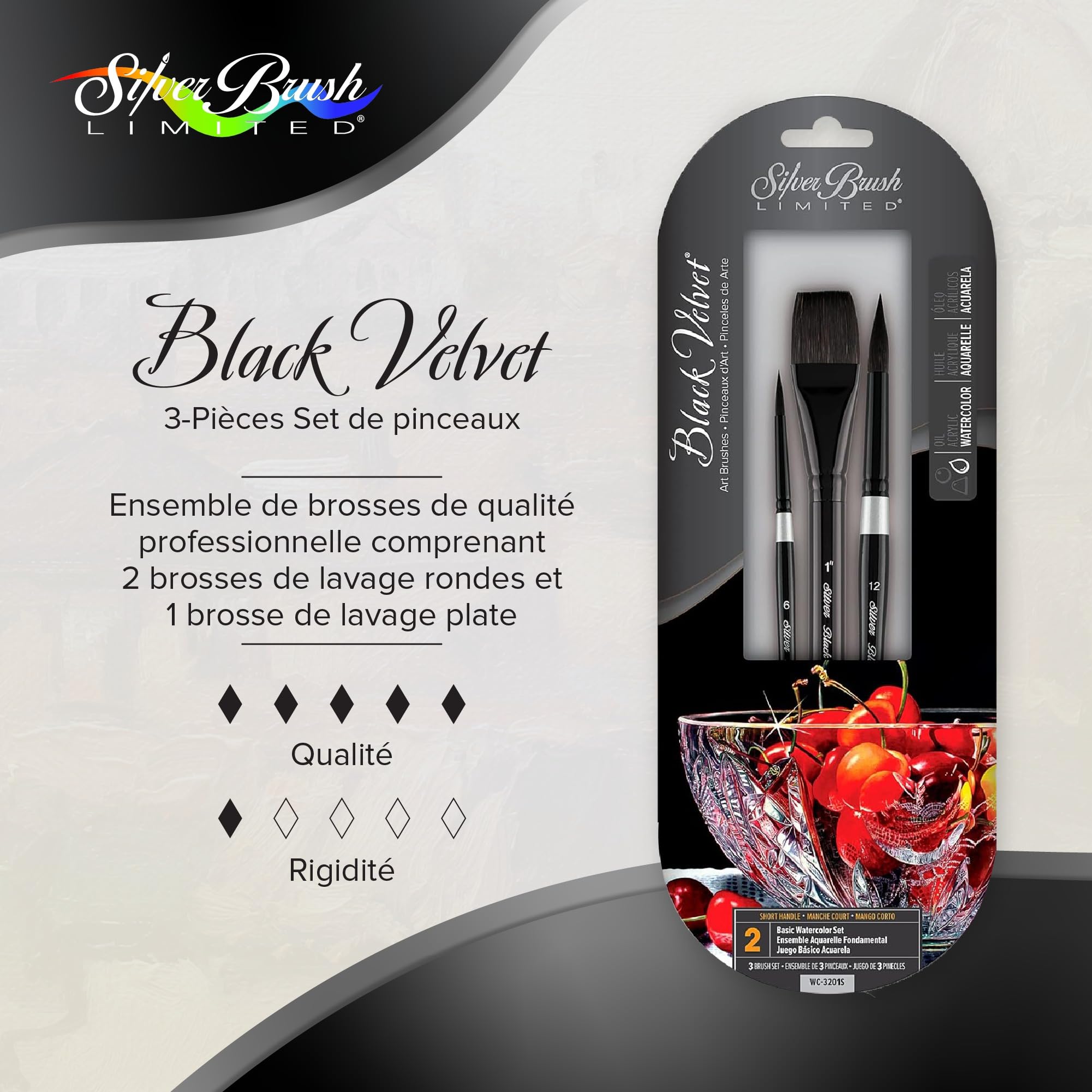 Silver Brush Limited - Assortiment de 3 pinceaux pour l’Aquarelle WC-3201S Black Velvet - Pinceau Rond Tailles 6 et 12, et Pinceau Plat Taille 1