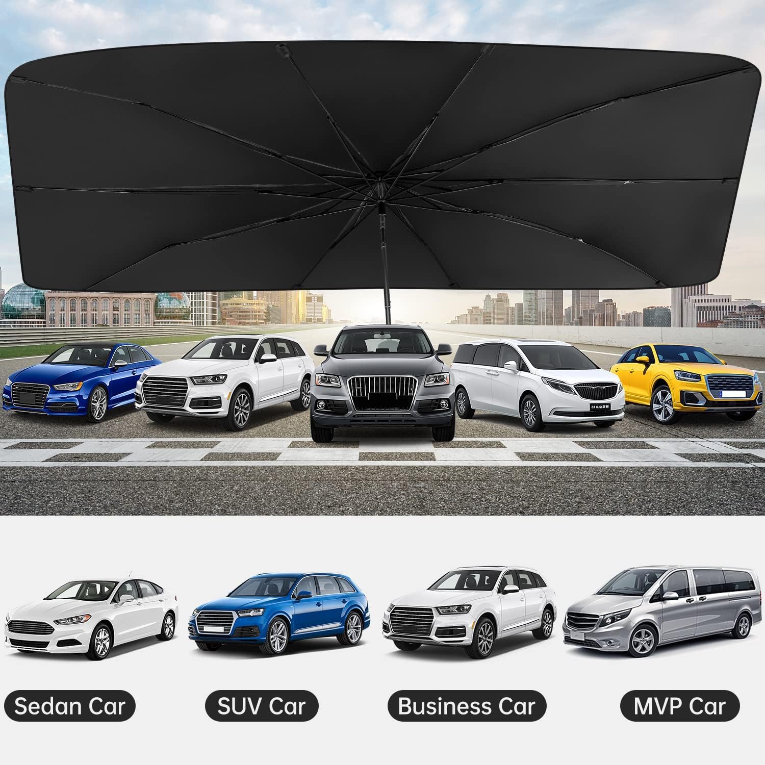 SQUADO - Parasole Auto – Ombrello Parasole Pieghevole per Parabrezza Interni Macchina – Schermo Anti-Uv GladeShade per Automobile – Telo Proteggi Cruscotto Copriparabrezza dal Sole Universale