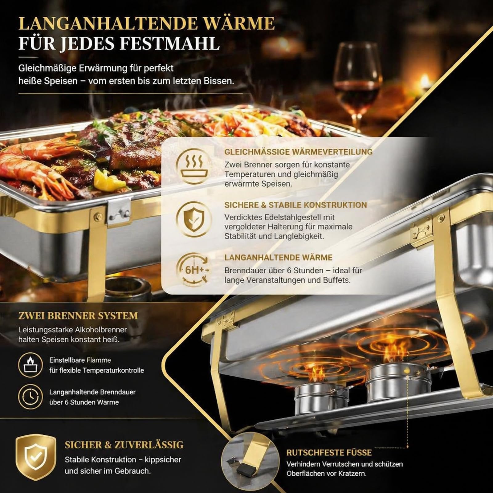 Set scalda buffet in acciaio inox, 2 l + 9 l, con effetto oro, 2 in 1, per catering ed eventi, pieghevole, antiruggine, con controllo della temperatura e supporto del combustibile
