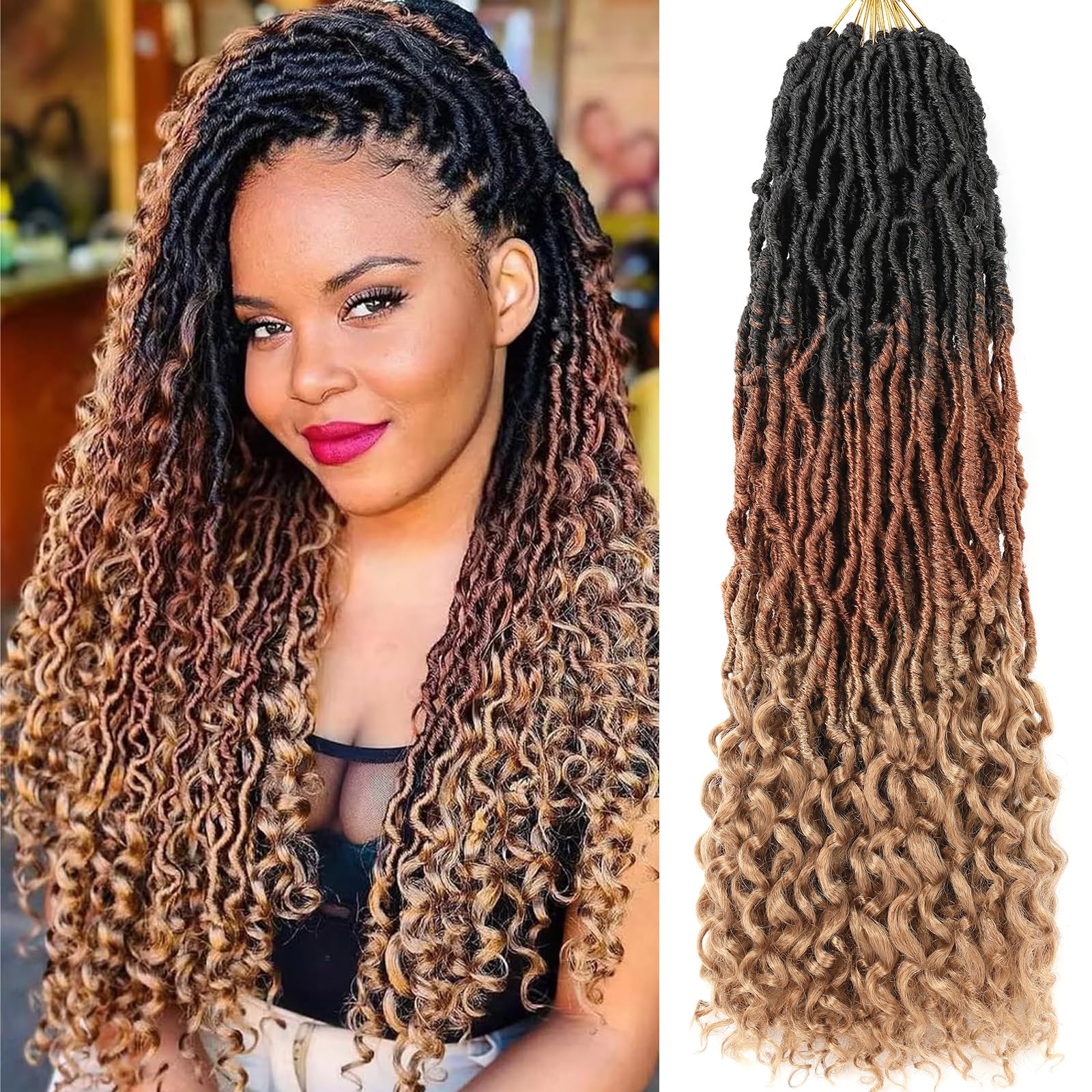 18 Inch Goddess Faux Locs Crochet Hair 7 Packs Nu Locs With Curly End Soft New Faux Locs Crochet Hair Pre-looped Synthetic Braiding Hair for Women (