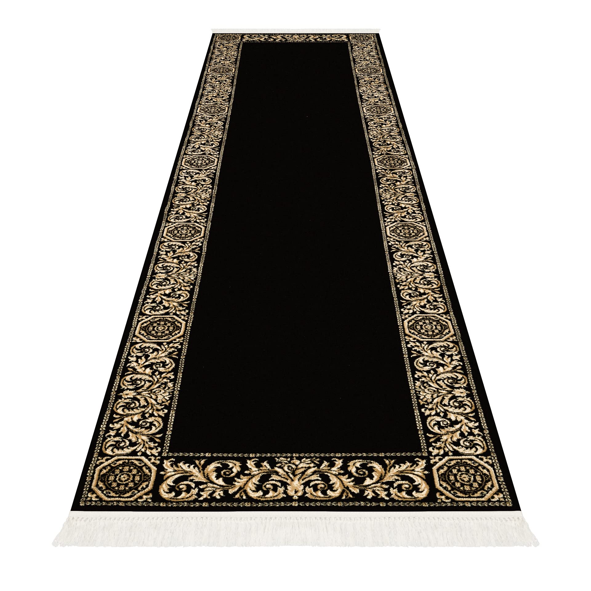 Luxus Teppich Barock Wohnzimmer Schlafzimmer Wonzimmerteppich Läufer Teppichläufer in schwarz, beige, rot gold, kurzflor, rechteckig, rund, oval 100% Viskose (schwarz, 80 x 200 cm, Rechteckig)