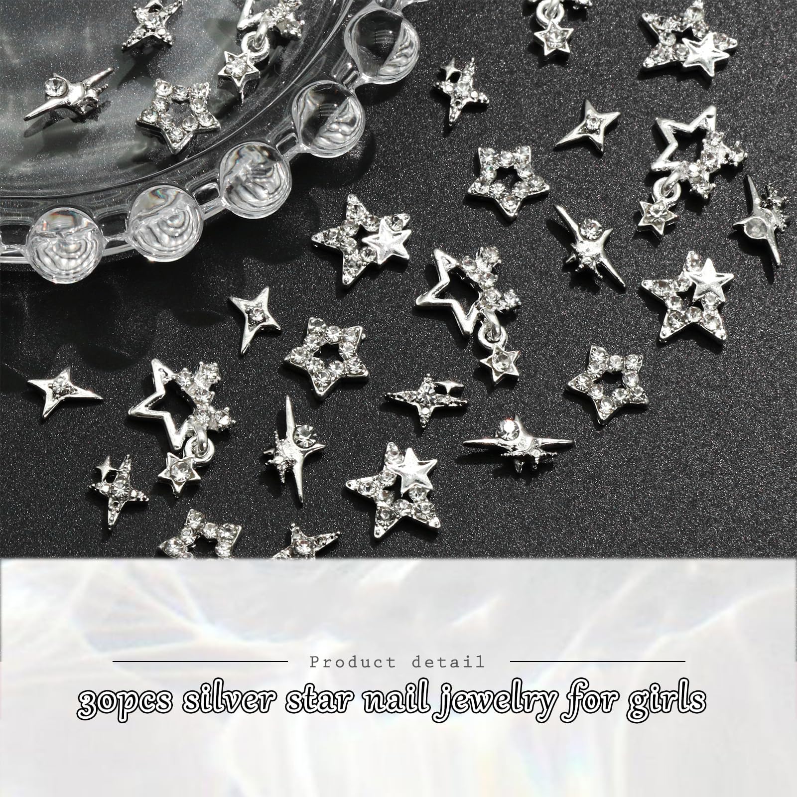 30 pièces de charmes à ongles en forme d'étoile, argent brillant, étoiles 3D, pierres à ongles, bijou d'ongle lumière d'étoile, charmes Y2K pour ongles en acrylique, décoration, scintillants