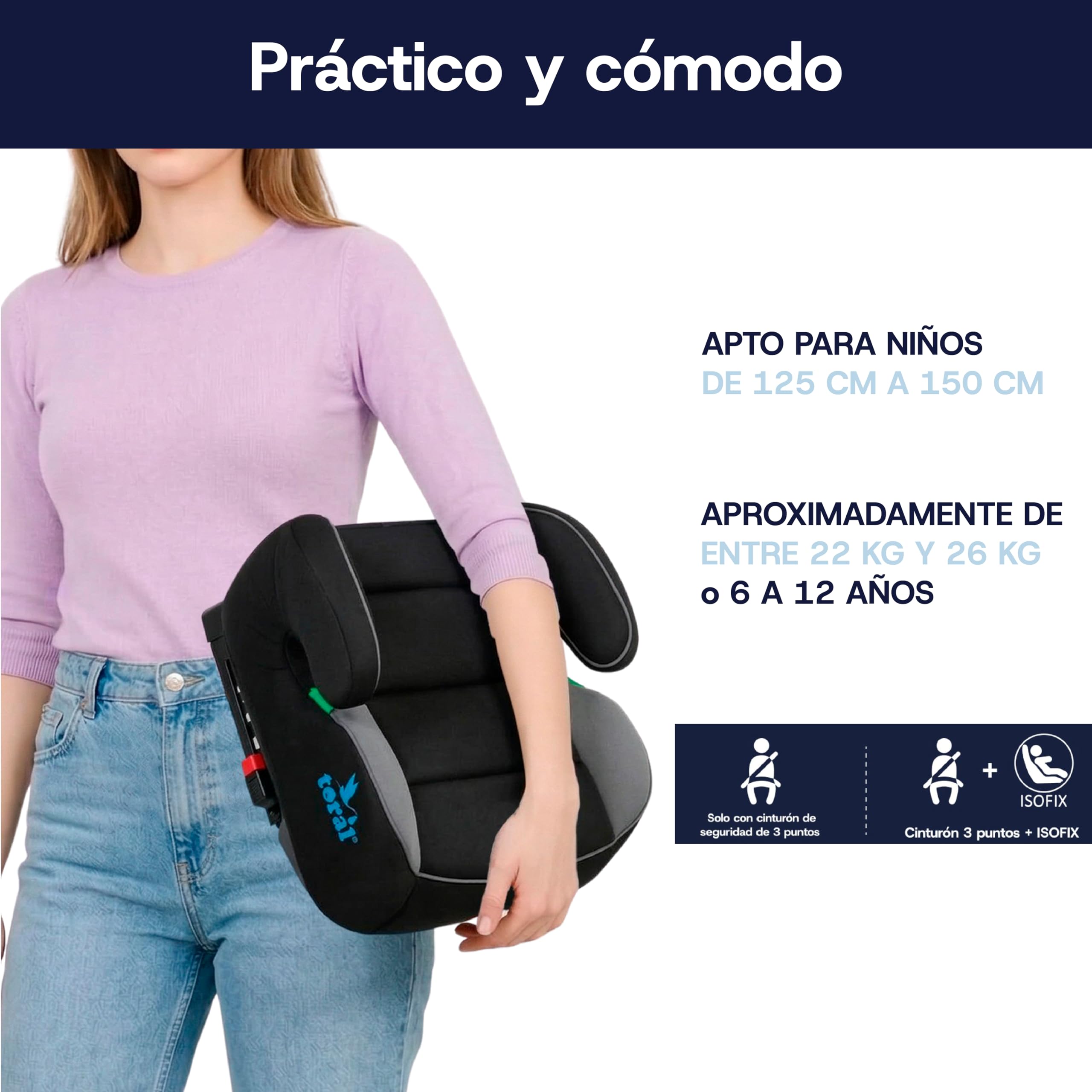 toral - Alzador Coche Niño Isofix i-Size - Asiento Elevador Niño - Se puede utilizar también sin Isofix - Silla Coche grupo 1 2 3 - Modelo Monza Negro — view 5
