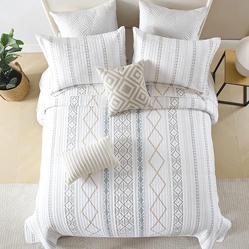 Miniatura 10 de Juego de edredón tamaño Queen, 100% algodón, colcha acolchada tamaño Queen, colcha reversible a rayas bohemias, edredón ligero para todas las