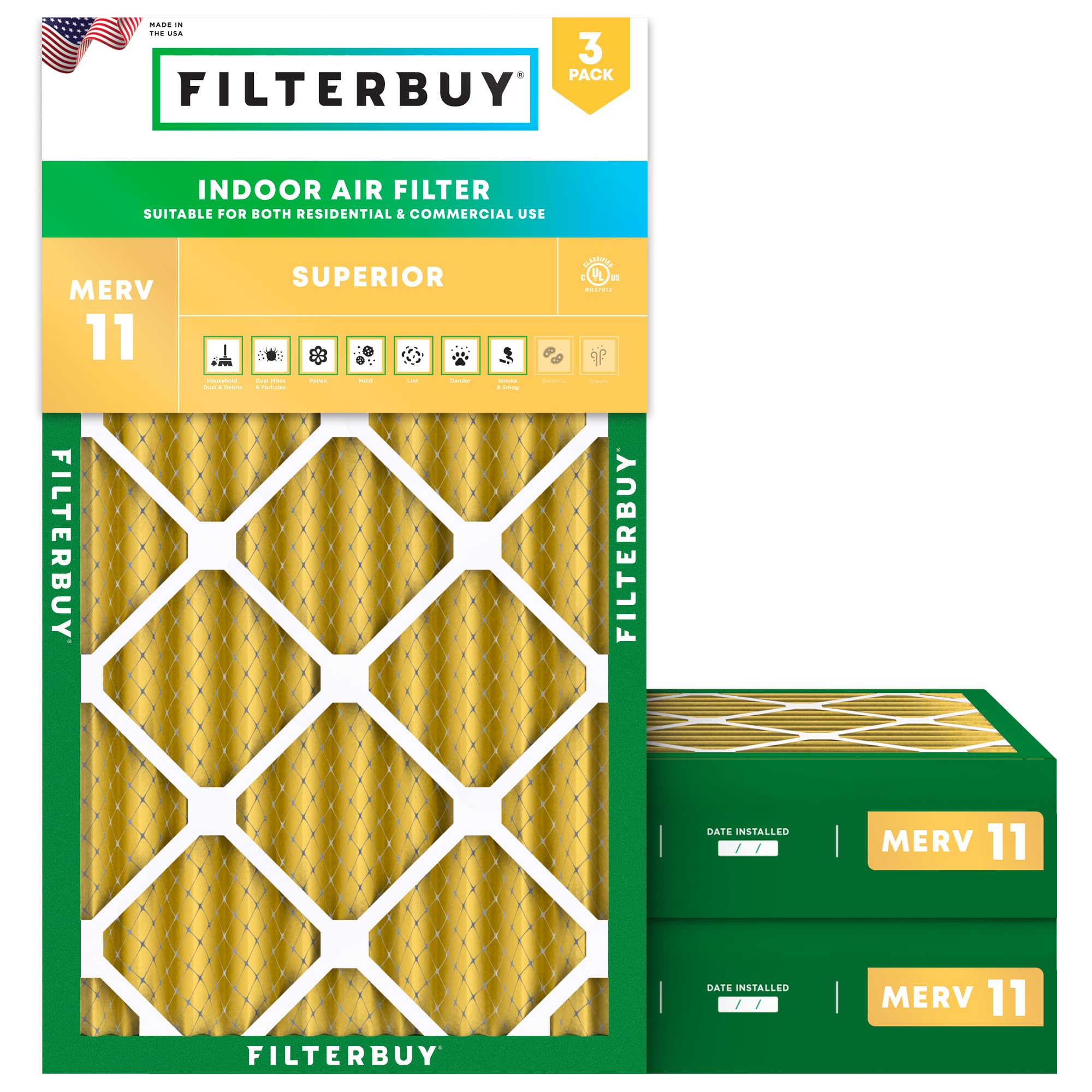 Filterbuy 16x25x4 Air Filter MERV 11 Allergen Defense (3-Pack), Pleated HVAC AC Furnace Air Filters Replacement (Actual Size: 15.50 x 24.50 x 3.63 Inches)