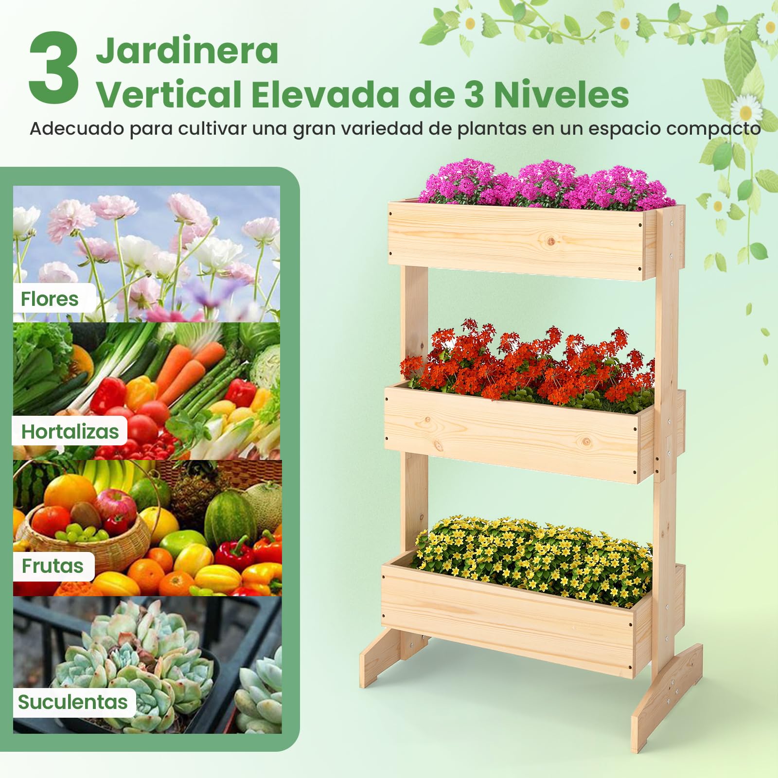 COSTWAY Jardinera Vertical de Madera, Huerto Urbano Terraza de 3 Niveles, Jardinera Flores Plantas Soporte, 69 x 39 x 109 cm, Caja de Plantación para Jardín Balcón, Natural