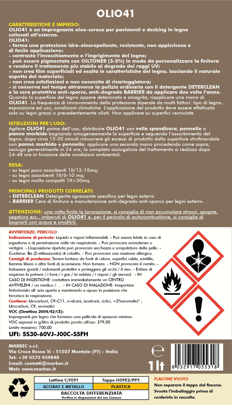 MARBEC OLIO41 1LT Impregnante cerato per legno esterno per effettuare trattamenti protettivi su pavimenti e decking.