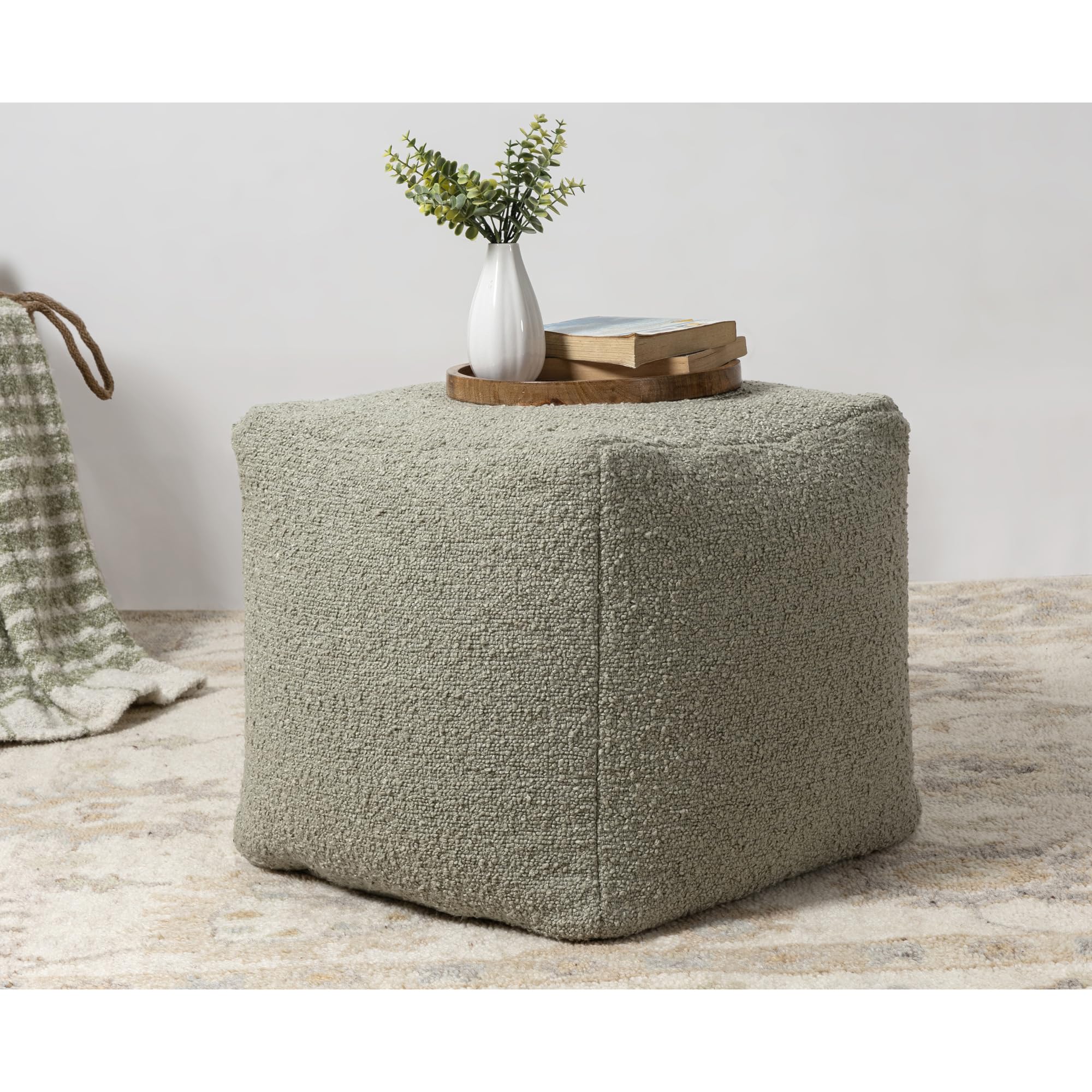 L. R. Resources, Inc. LR Home Handmade Contemporary Solid Boucle Indoor Medium Pouf Ottoman, Green | Cube for Living Room, Bedroom & Dorm Decor | 18 x