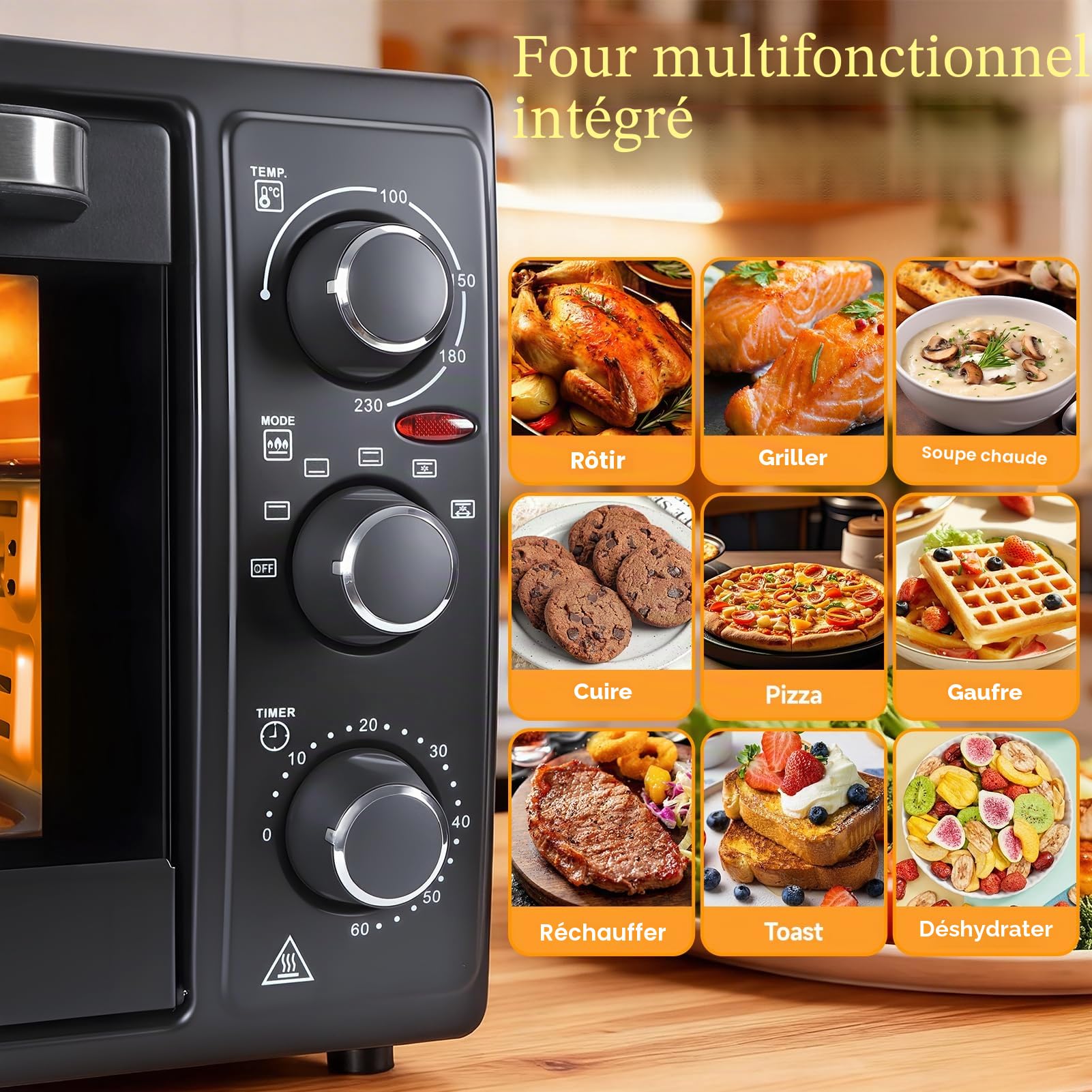 Mini Four Electrique 32L, Four Posable Cuisine, Four Convection Chaleur Tournante 1500W, Four Multifonction Rotisserie Tournebroche, Minuterie 60 Min, Temperature Reglable (Noir)