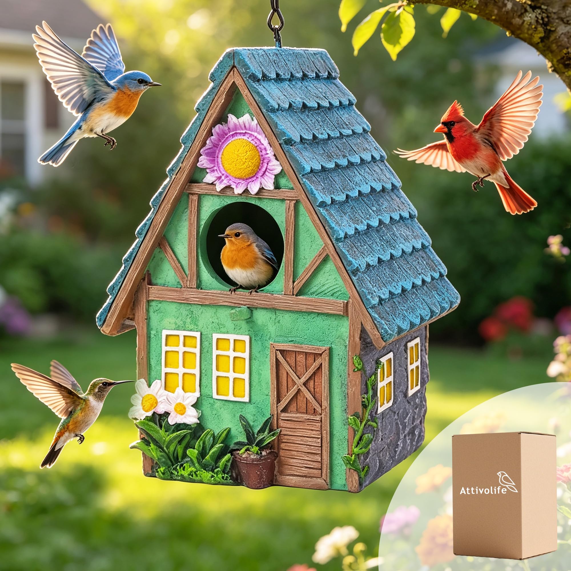 Vogelhaus für Draußen, Attivolife Bunte Vogelnistkästen aus Kunstharz mit Kette zum Aufhängen, als Dekoration für Garten und Hinterhof, Ideal für Blaumeisen Finken, Geschenk für Vogelfreunde Familie