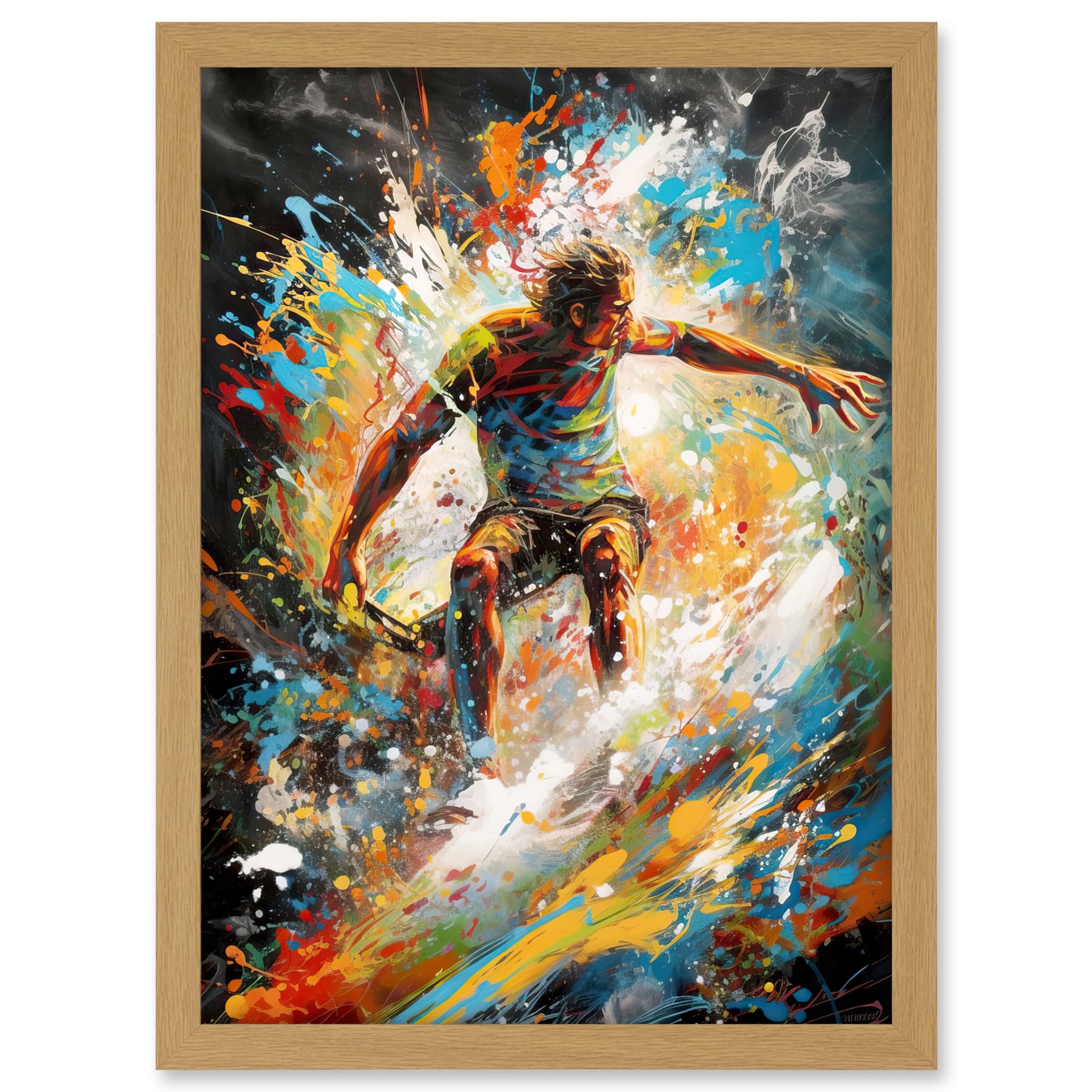 Artery8 Surfer Surfing on Crashing Waves Splatter Paint Artwork Framed A3 Wall Art Print