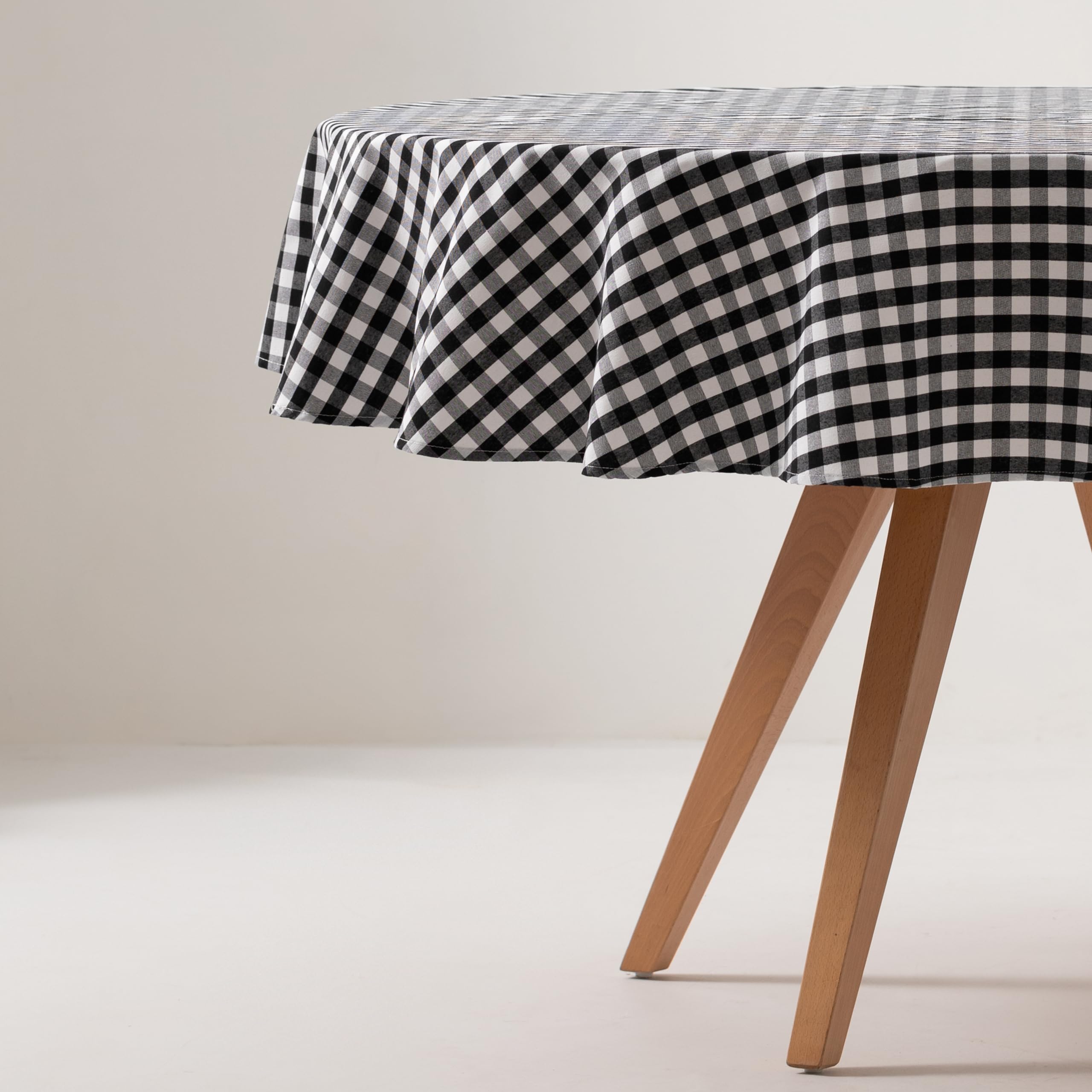 GAMUSI Stain Resistant Round Vichy Square Tablecloth, Cotton, Fabric Touch, 160 x 160 cm, Black, Black/White, 63 inch (Round) - Image 3