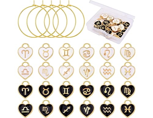 24 Pack Zodiac Party Wine Charms for Wine Glasses with 24 Heart Enamel Pendants