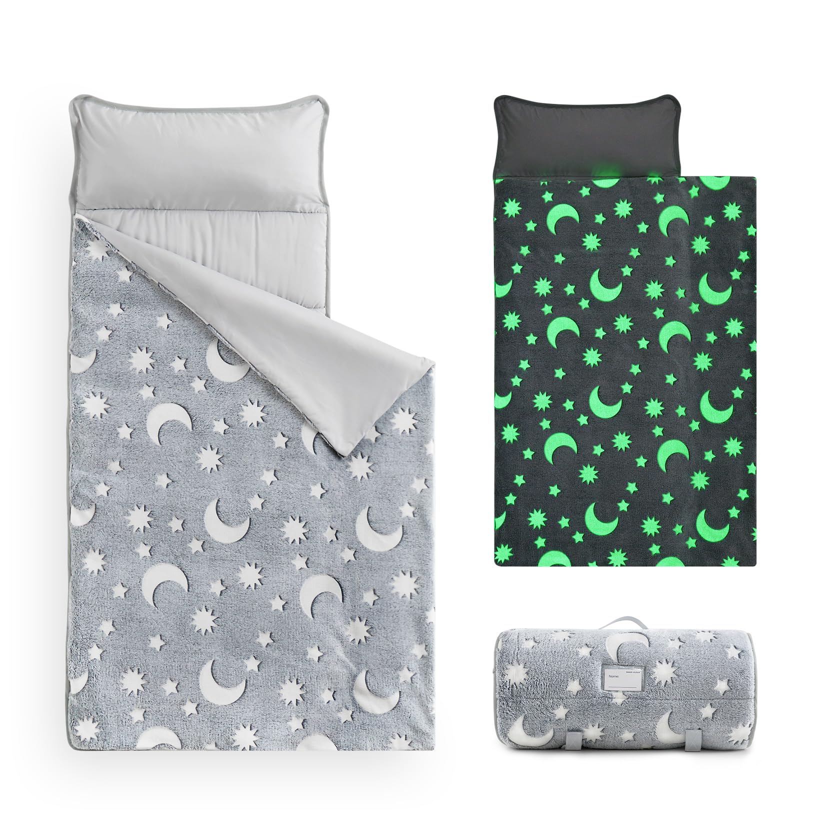 Wake In Cloud - Glow in The Dark Nap Mat with Pillow and Blanket, for Toddler Kids Boys Girls in Daycare Kindergarten Preschool, Moon and Stars on Gray Grey