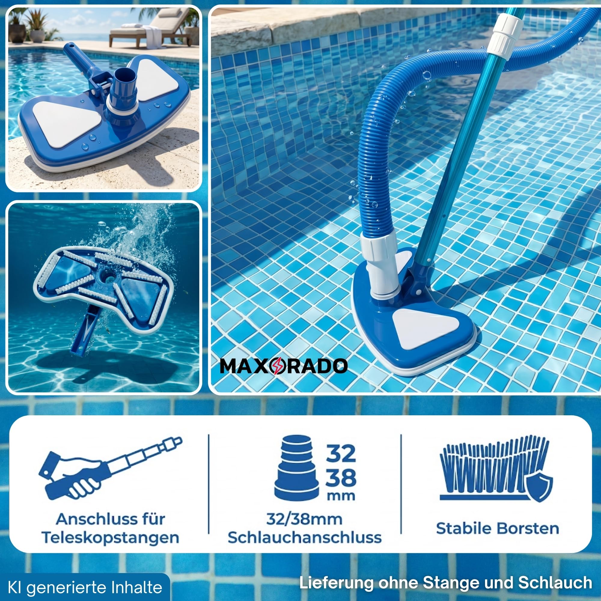 Deluxe Pool Bodendüse Handreiniger oder für Teleskopstange Bodensauger mit Schlauchanschluss Ø 32/38 mm und Nylon Bürste Poolbürste Poolsauger Bodenbürste