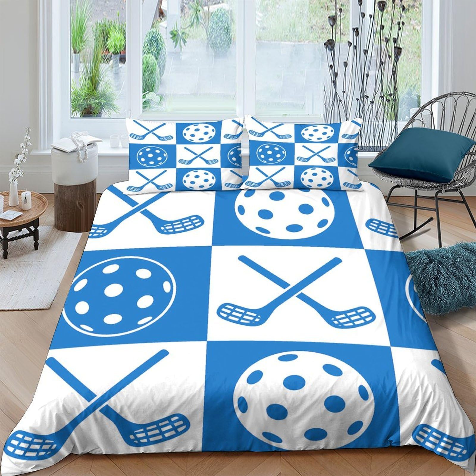 Ctjqhvkz Style-9 3D Printed Hockey Stick Fitted Sheet Microfiber Blue White Floorball Mattress Cover For Bedroom Dorm House Decoration Single（135X200cm）