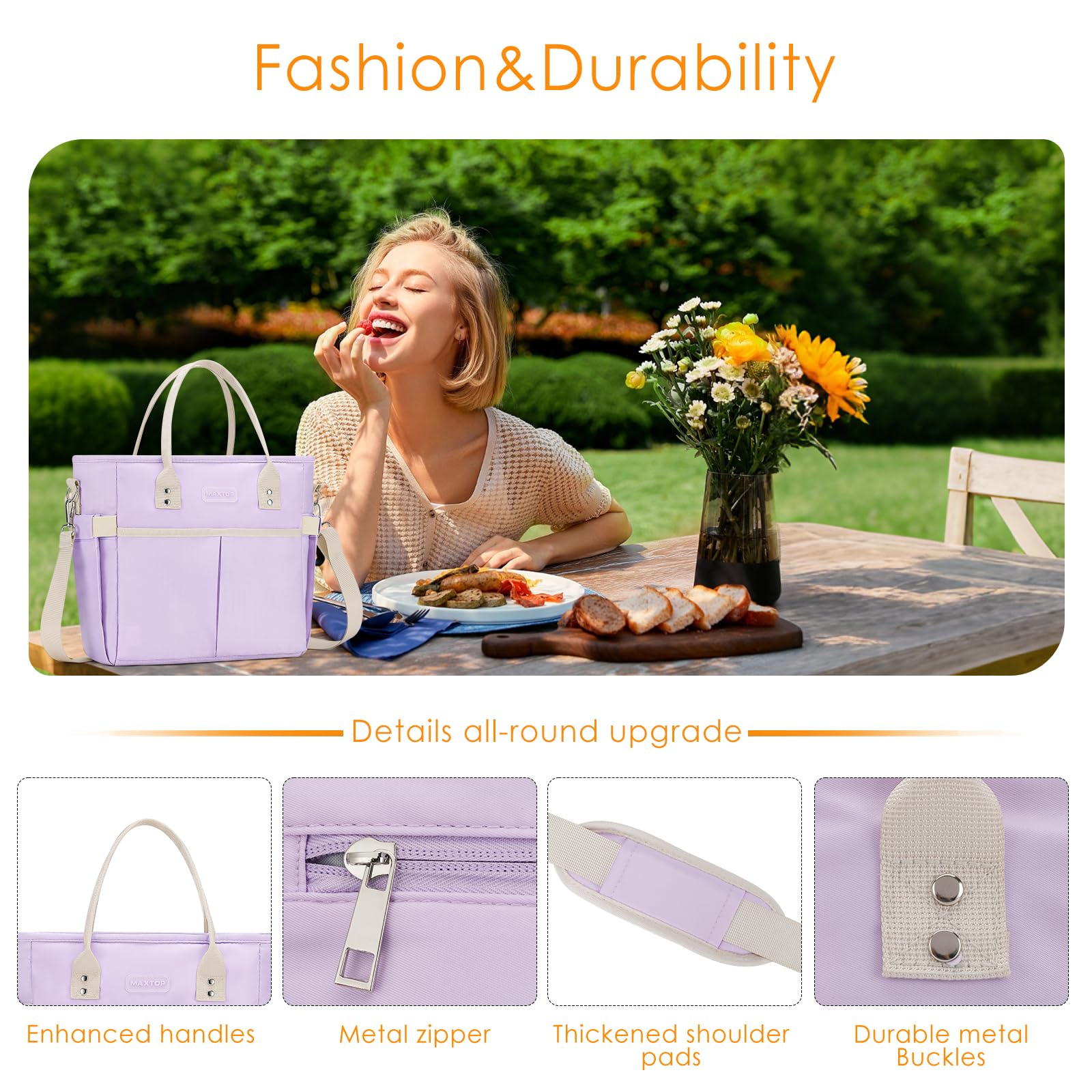 MAXTOP Sac à déjeuner isotherme pour femme avec poche large ouverte, réutilisable, étanche, avec bandoulière amovible pour enseignant, infirmière, bureau, pique-nique, voyage, violet